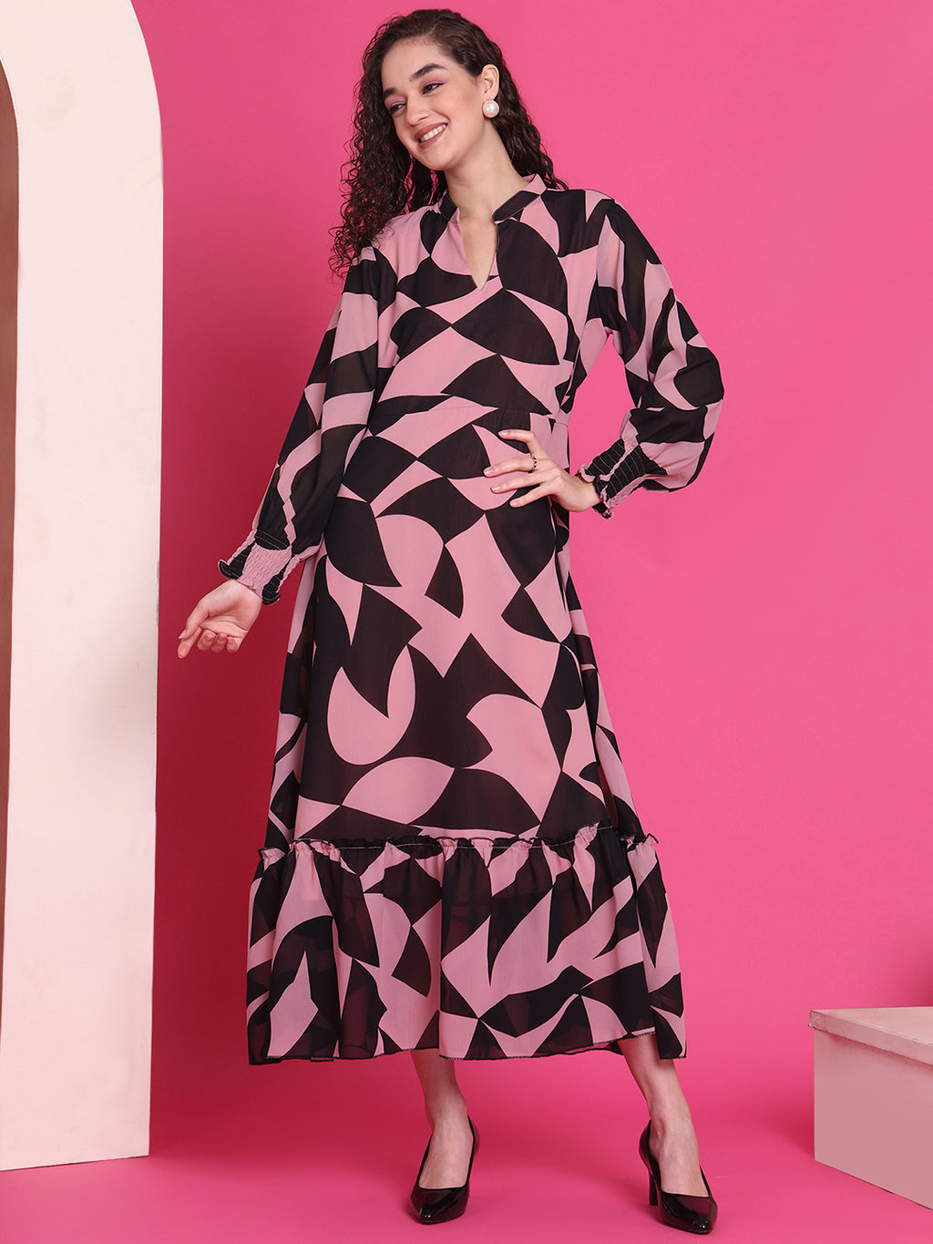Women A-line Pink, Black Midi/Calf Length Dress