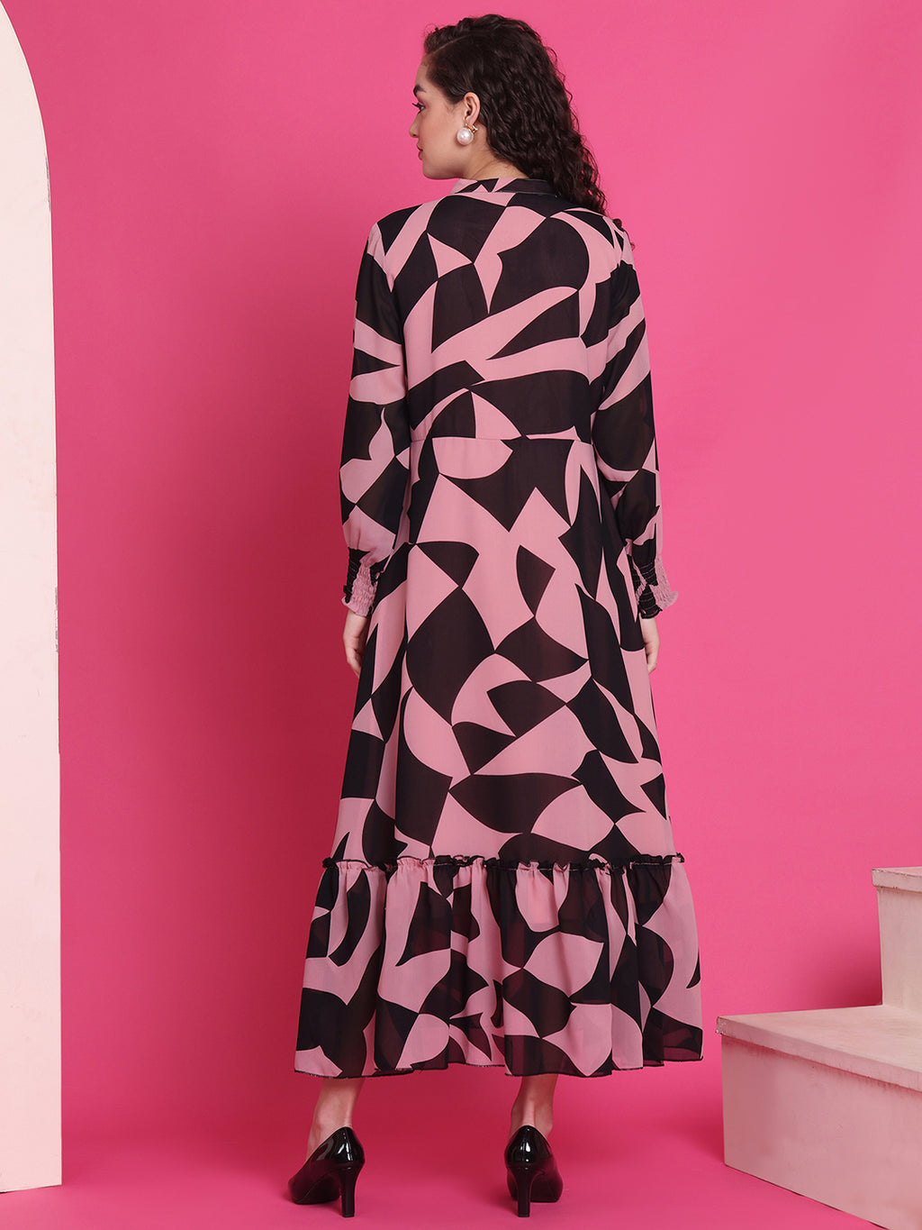 Women A-line Pink, Black Midi/Calf Length Dress