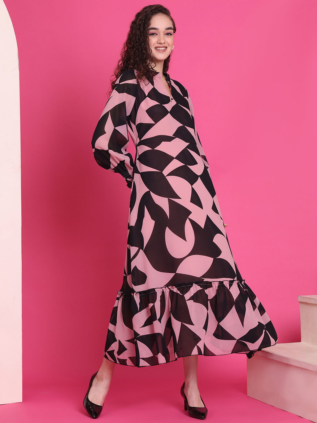 Women A-line Pink, Black Midi/Calf Length Dress