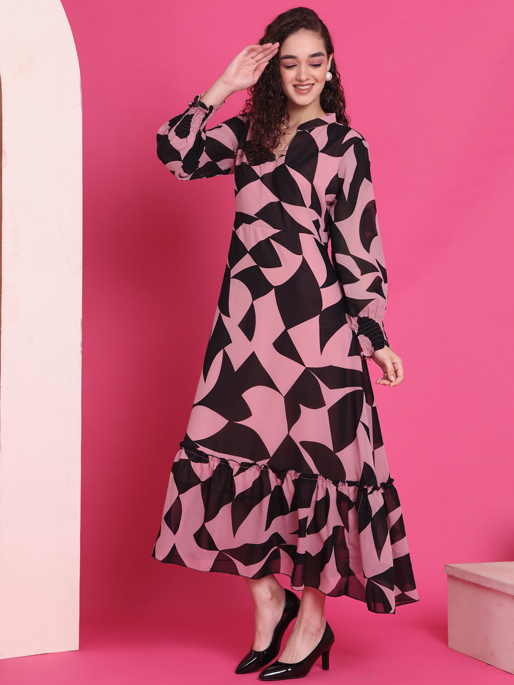 Women A-line Pink, Black Midi/Calf Length Dress