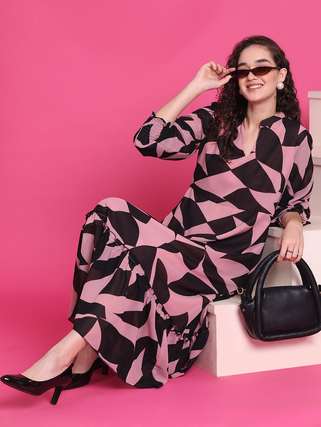 Women A-line Pink, Black Midi/Calf Length Dress