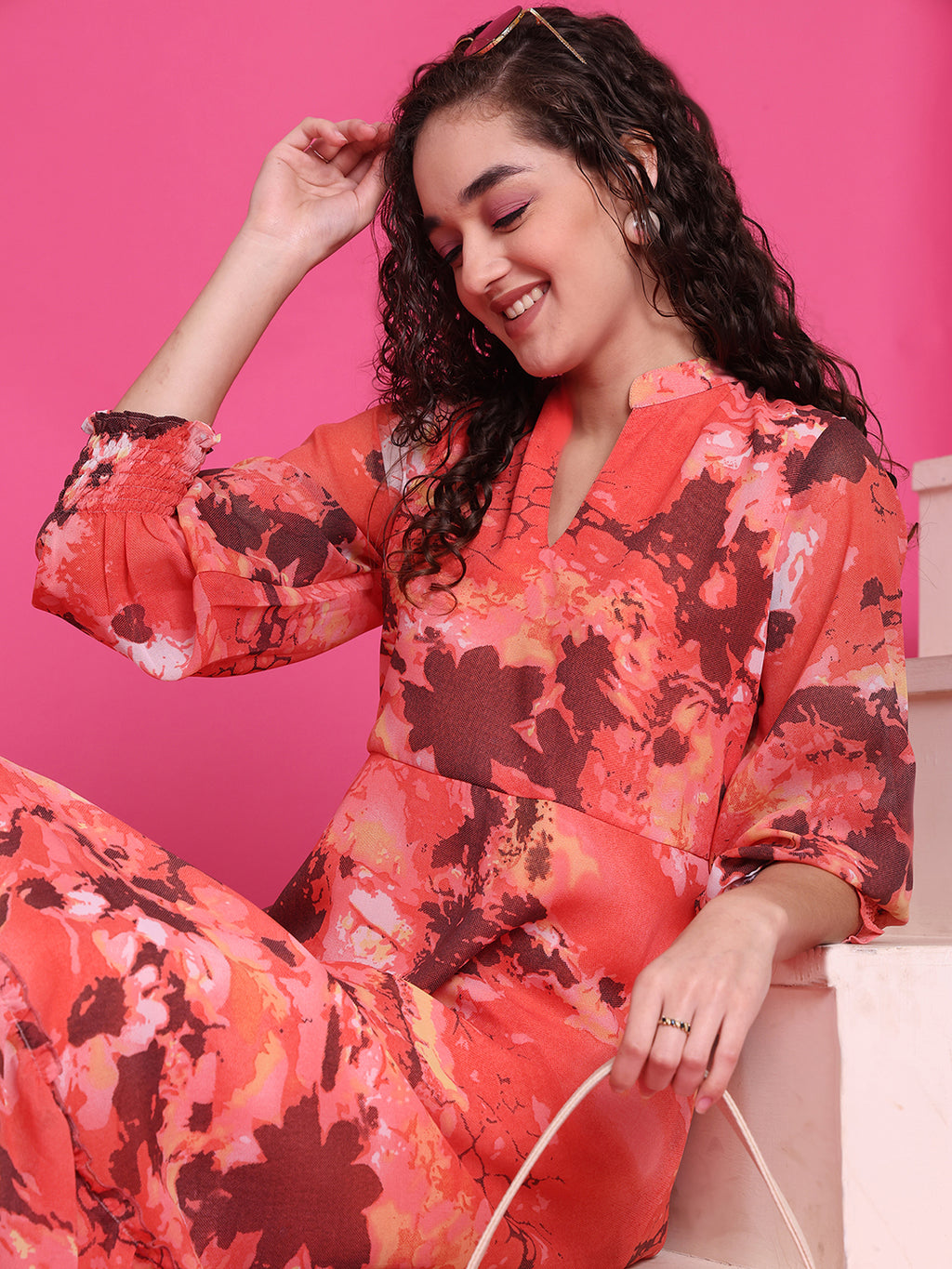 Women A-line Orange Midi/Calf Length Dress