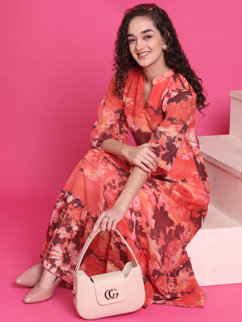 Women A-line Orange Midi/Calf Length Dress