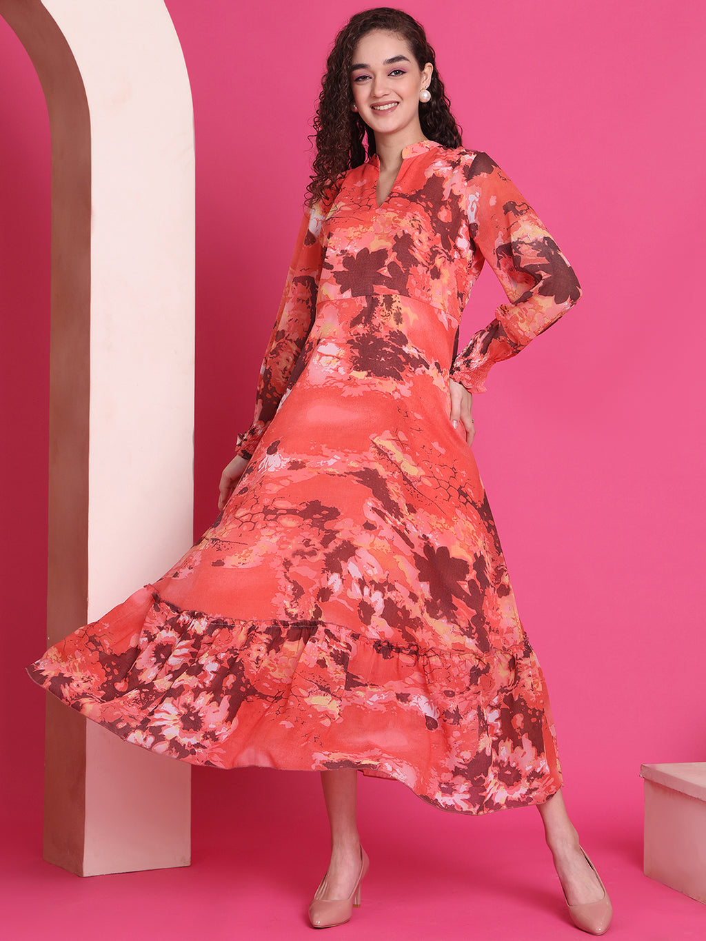 Women A-line Orange Midi/Calf Length Dress