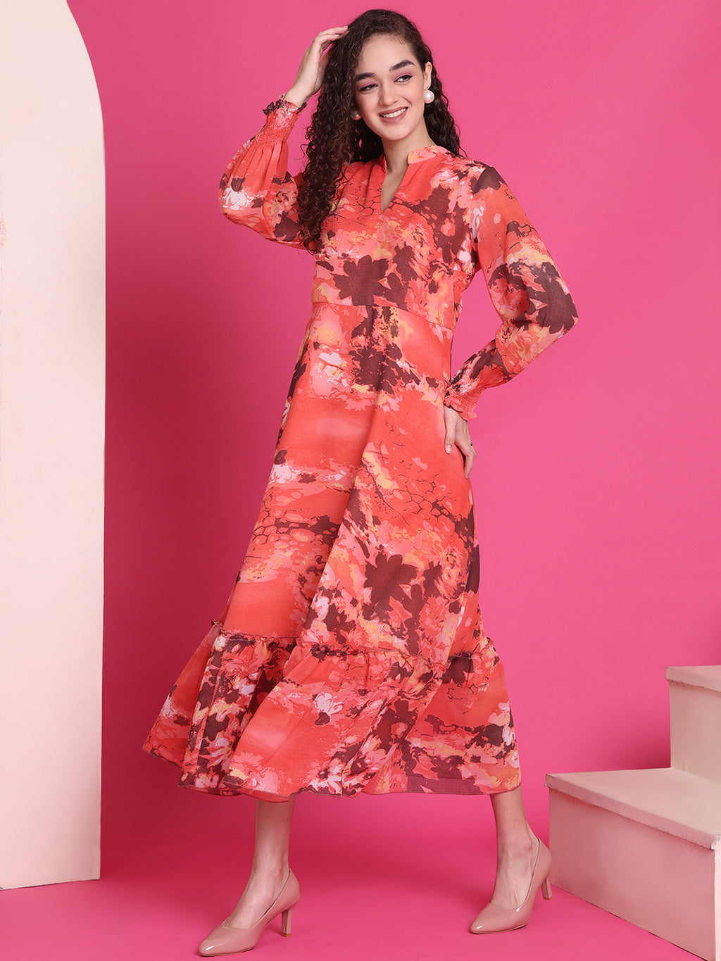 Women A-line Orange Midi/Calf Length Dress