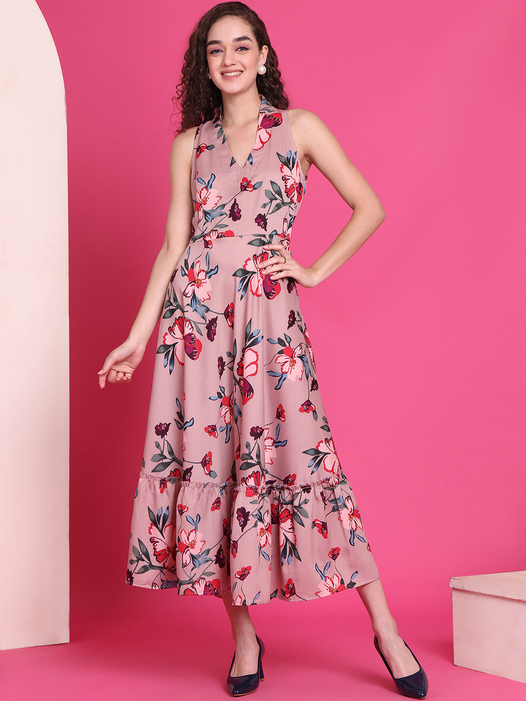 Women A-line Pink Midi/Calf Length Dress