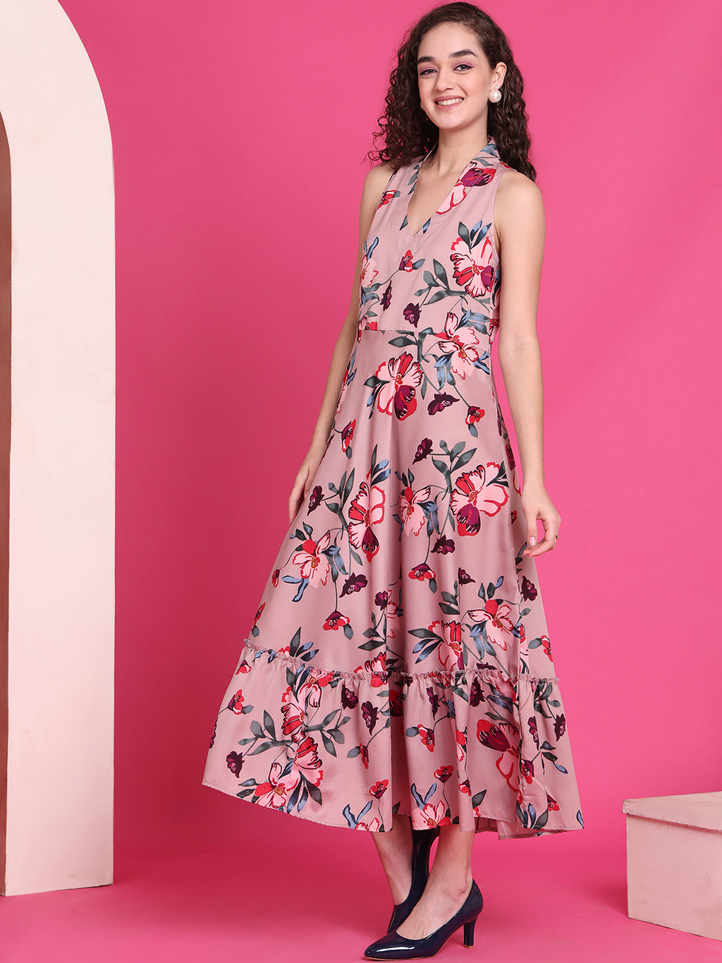 Women A-line Pink Midi/Calf Length Dress