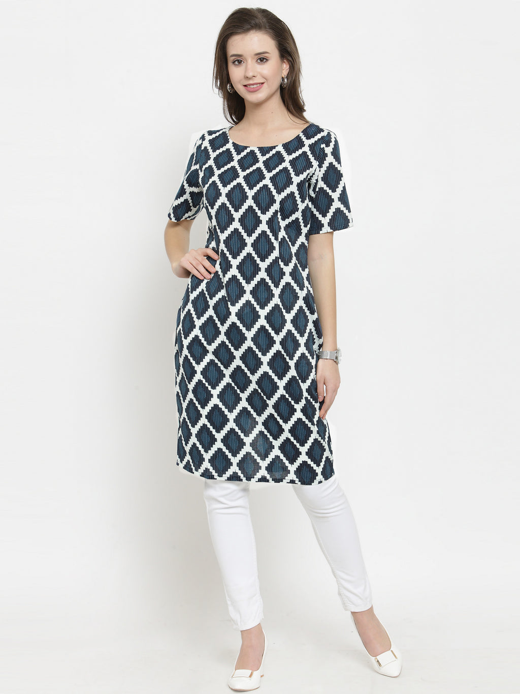 Women Geometric Print Pure Cotton Straight Kurta  (Blue)