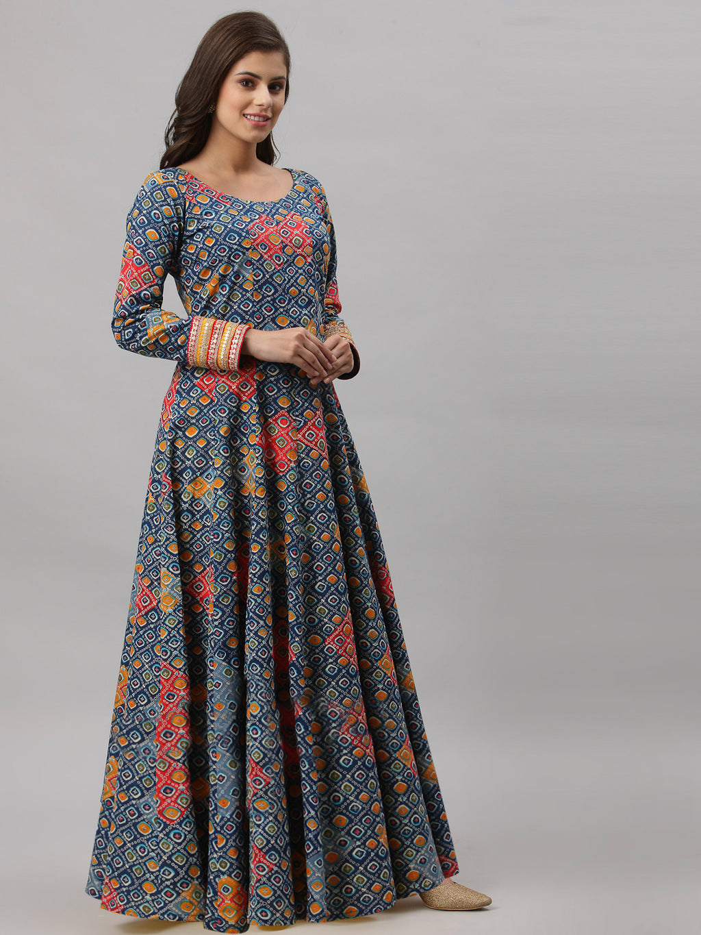 Women Geometric Print Pure Cotton Anarkali Kurta  (Blue)