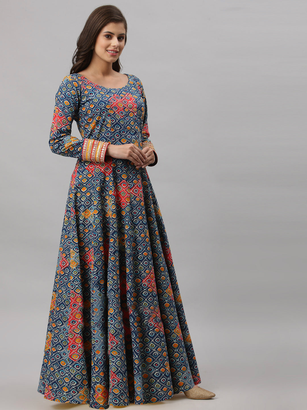 Women Geometric Print Pure Cotton Anarkali Kurta  (Blue)