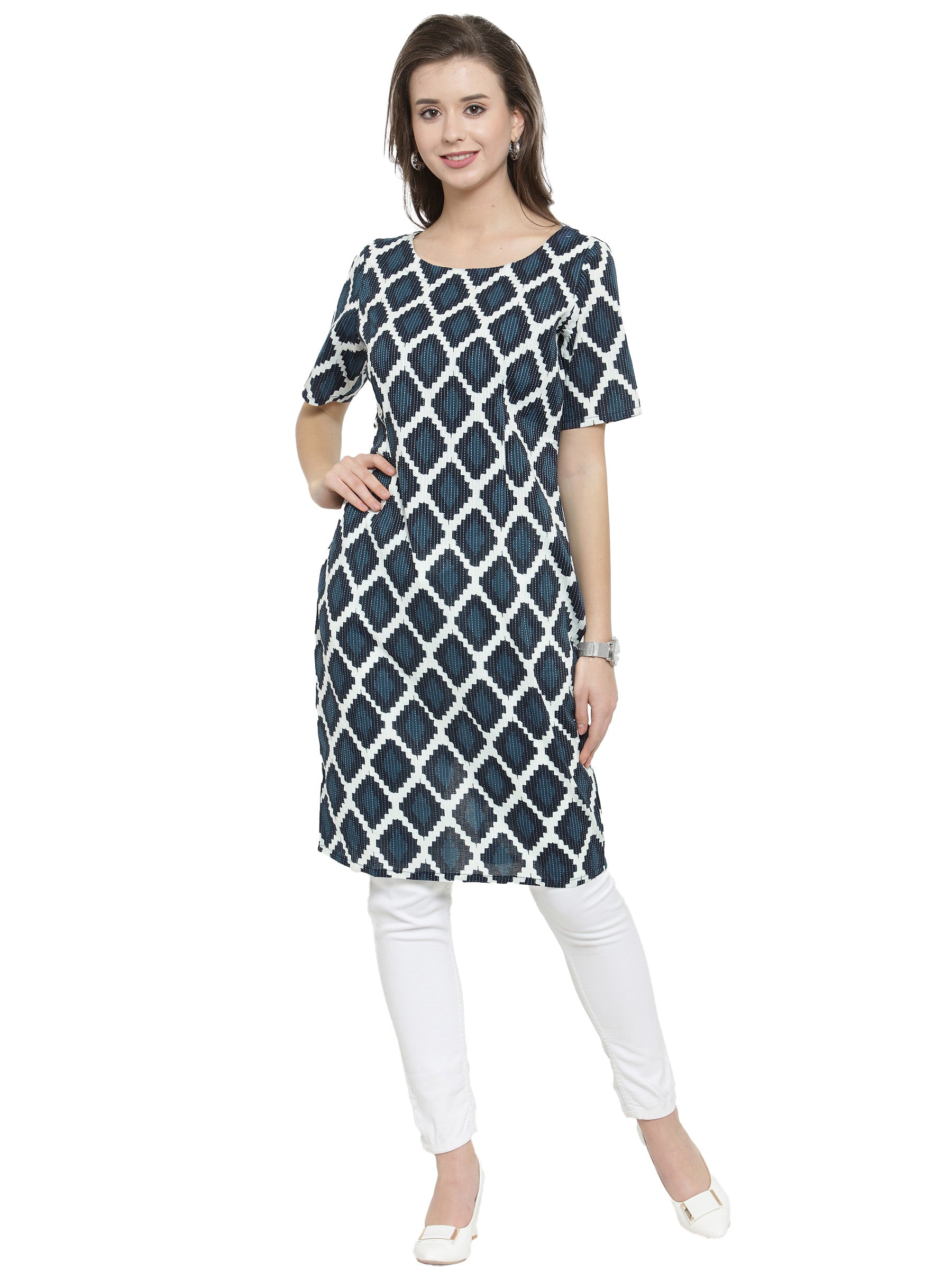Women Geometric Print Pure Cotton Straight Kurta  (Blue)