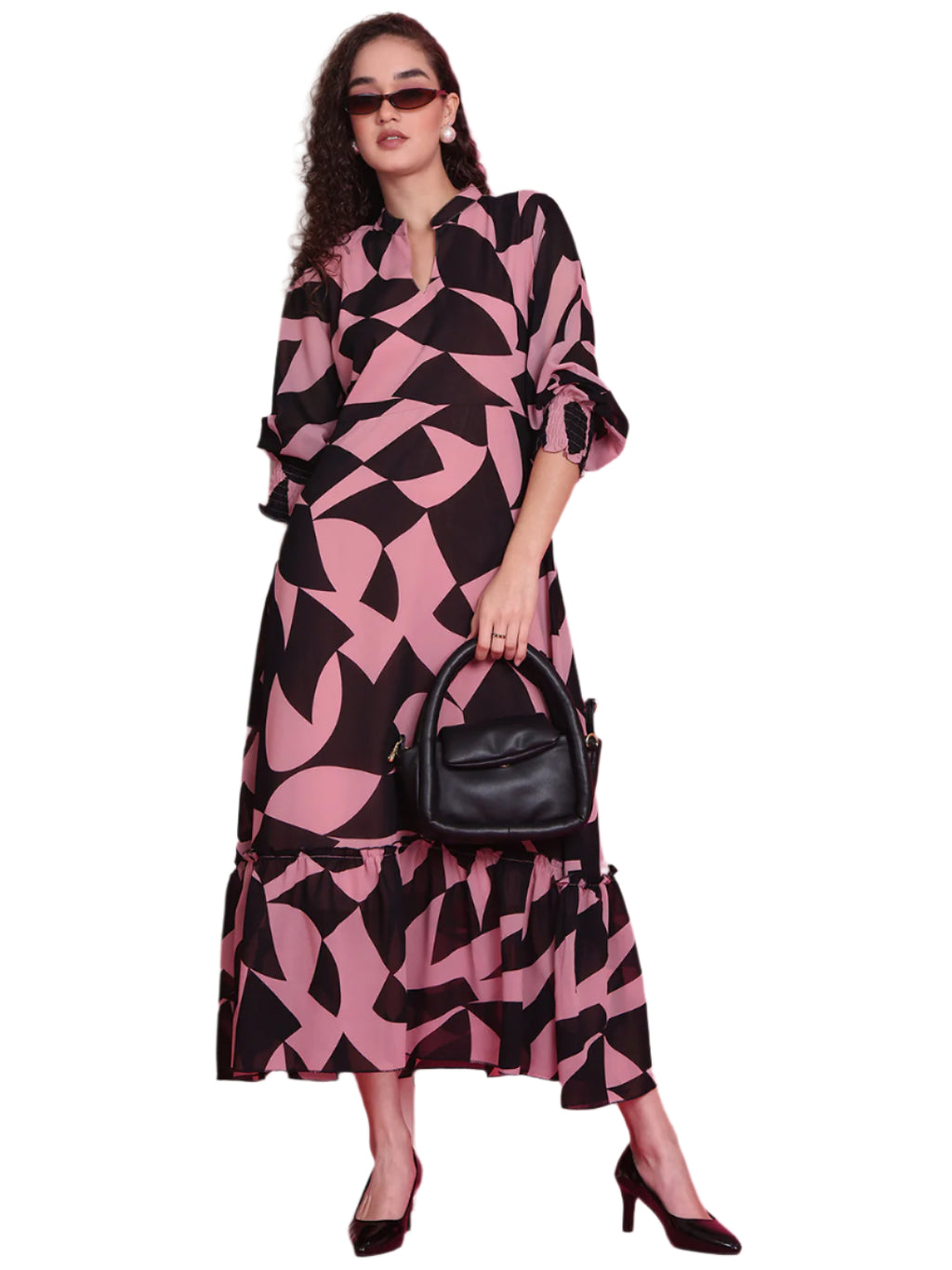 Women A-line Pink, Black Midi/Calf Length Dress