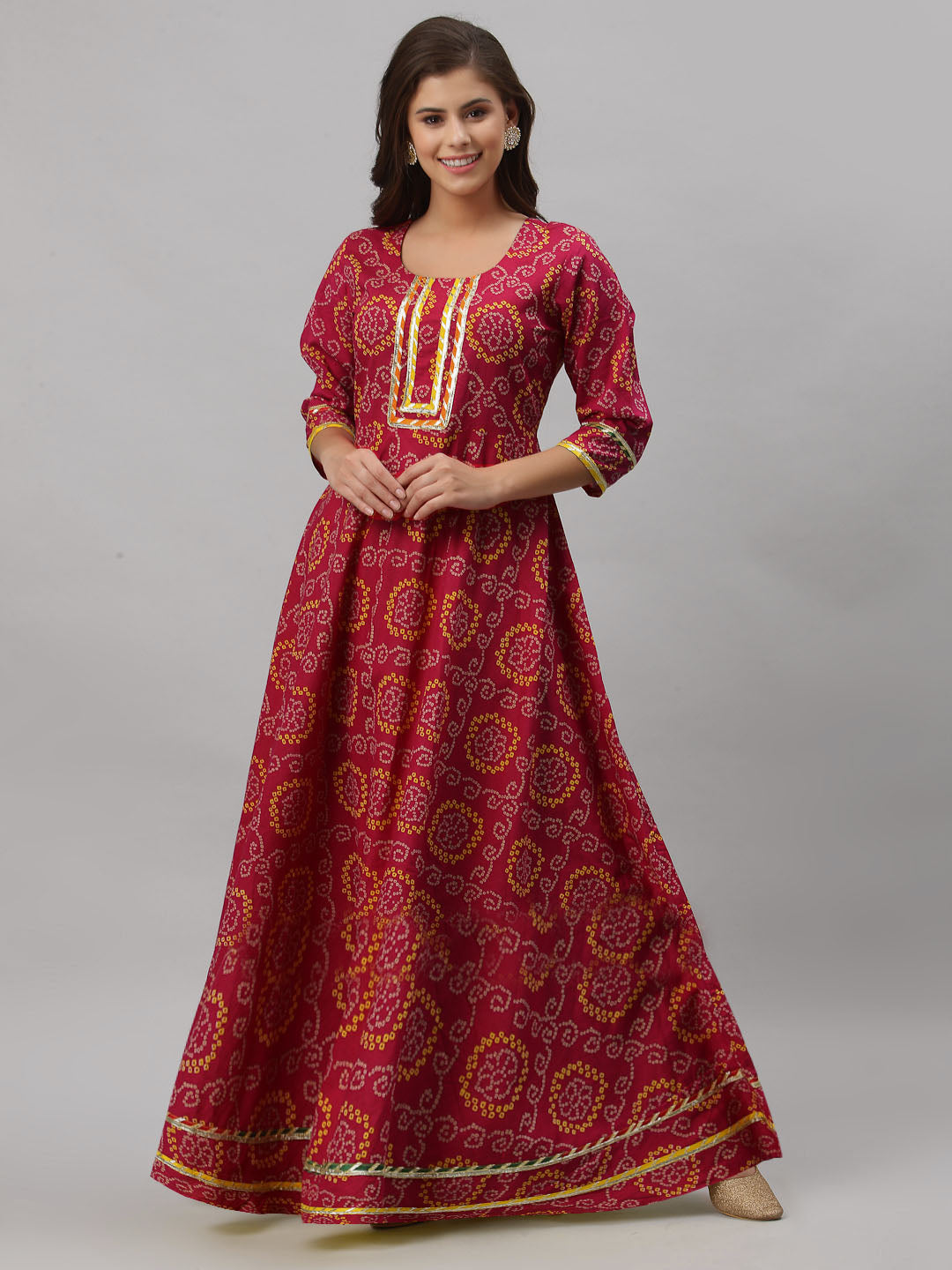 Women Bandhani Pure Cotton Anarkali Kurta  (Red)
