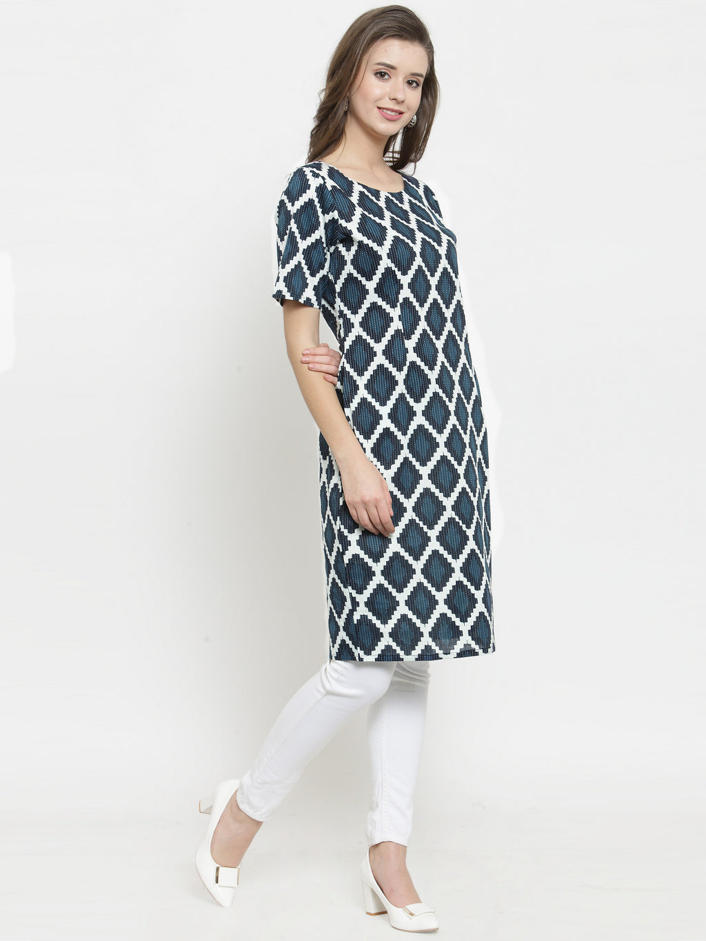 Women Geometric Print Pure Cotton Straight Kurta  (Blue)