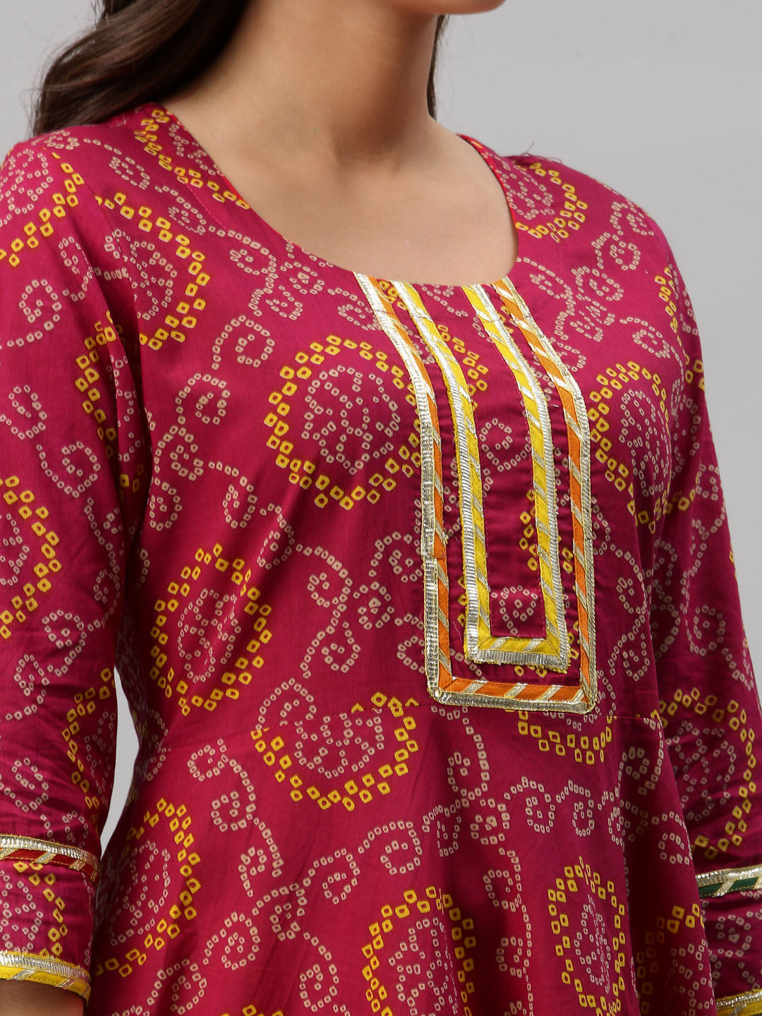 Women Bandhani Pure Cotton Anarkali Kurta  (Red)