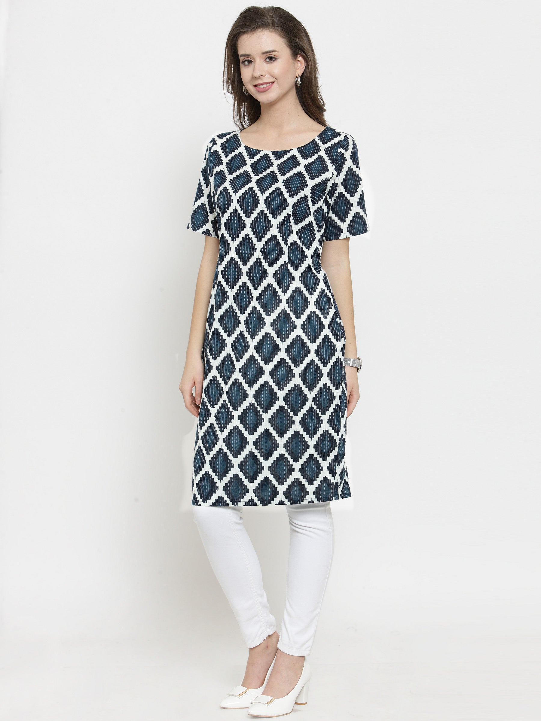 Women Geometric Print Pure Cotton Straight Kurta  (Blue)