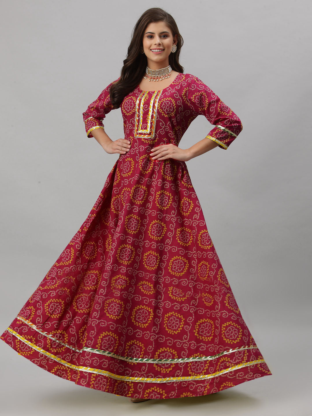 Women Bandhani Pure Cotton Anarkali Kurta  (Red)
