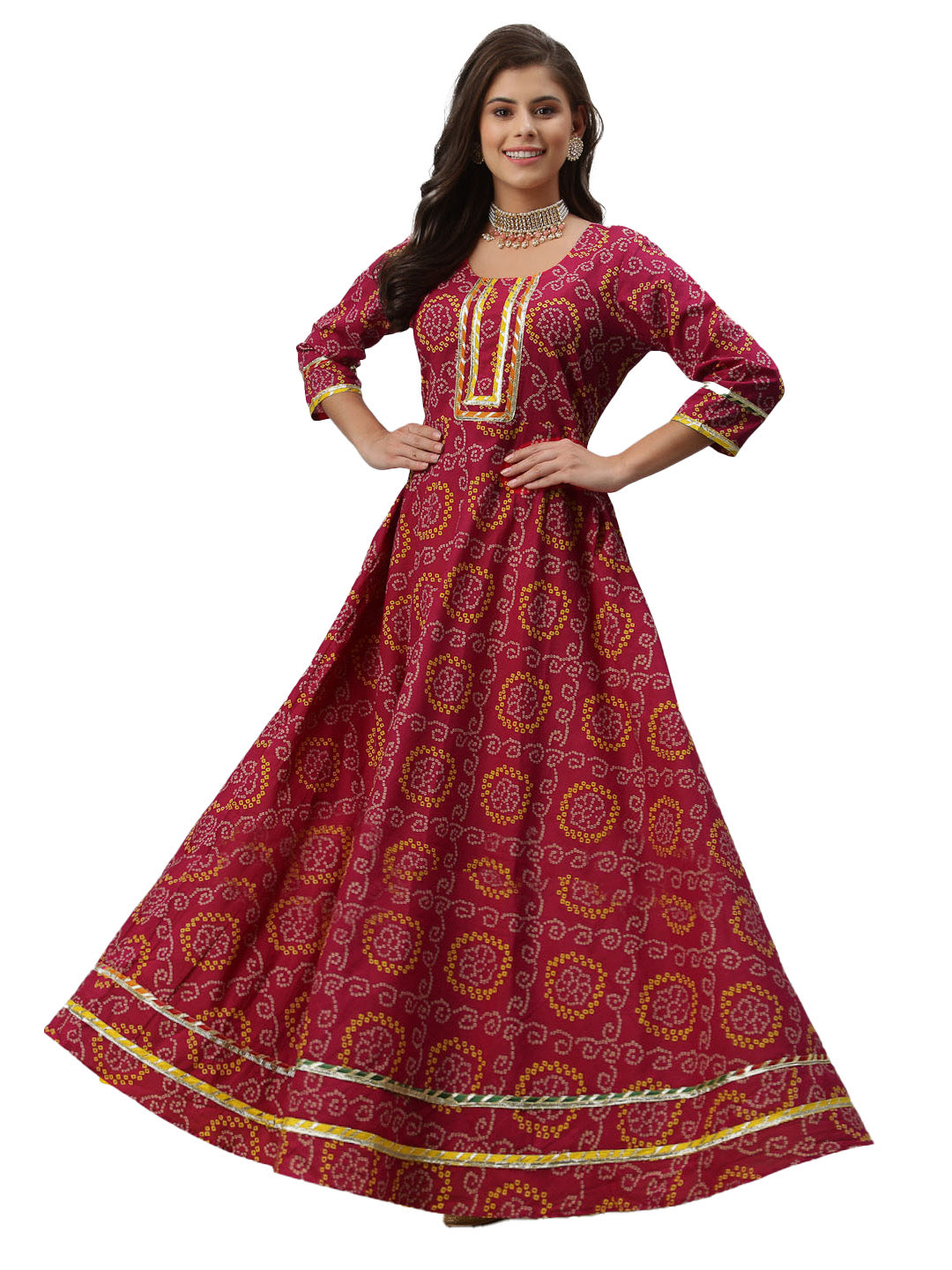 Women Bandhani Pure Cotton Anarkali Kurta  (Red)