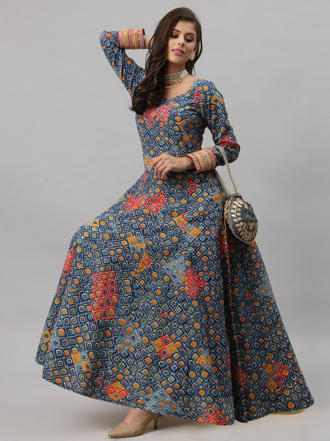 Women Geometric Print Pure Cotton Anarkali Kurta  (Blue)