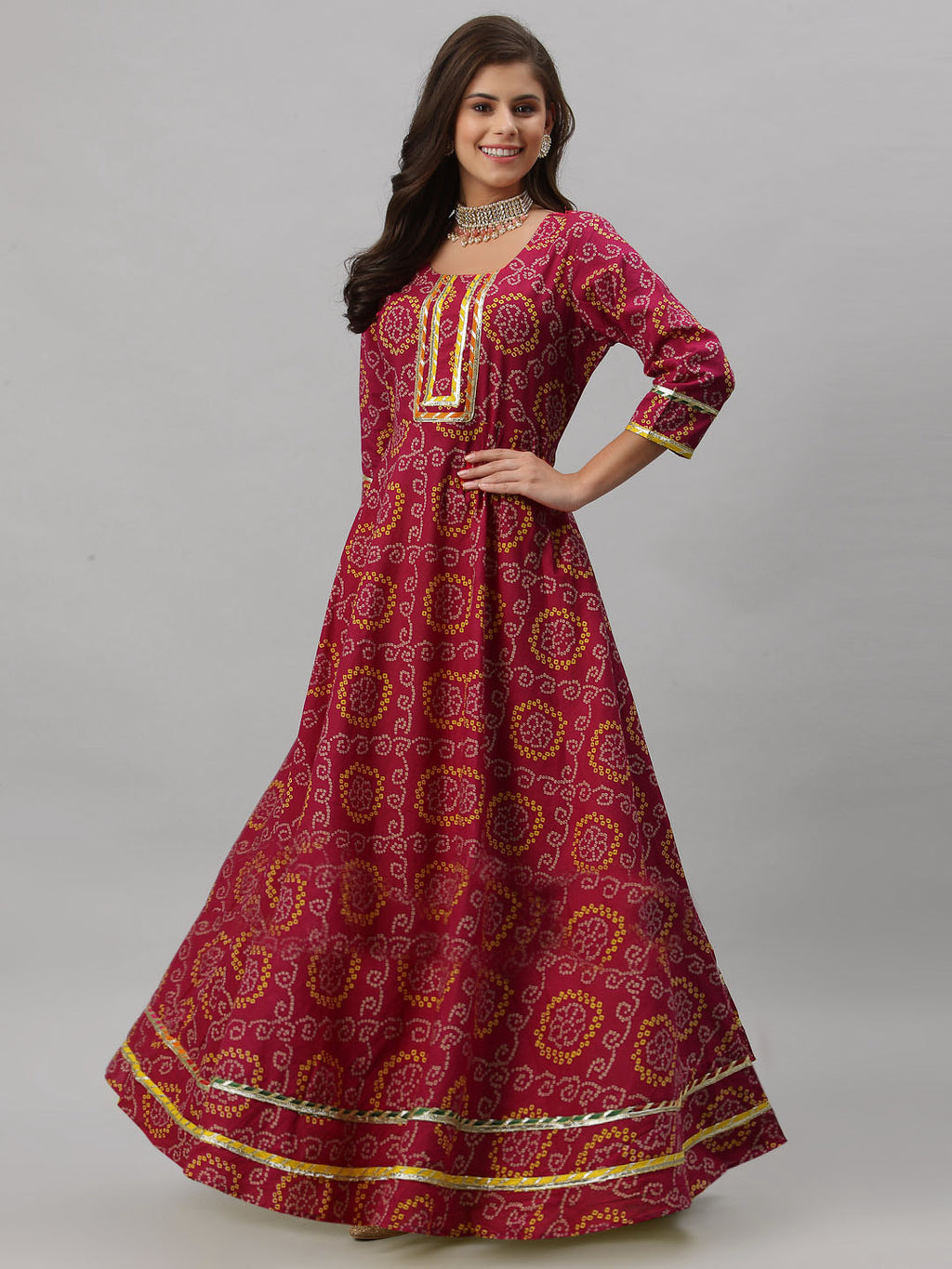 Women Bandhani Pure Cotton Anarkali Kurta  (Red)
