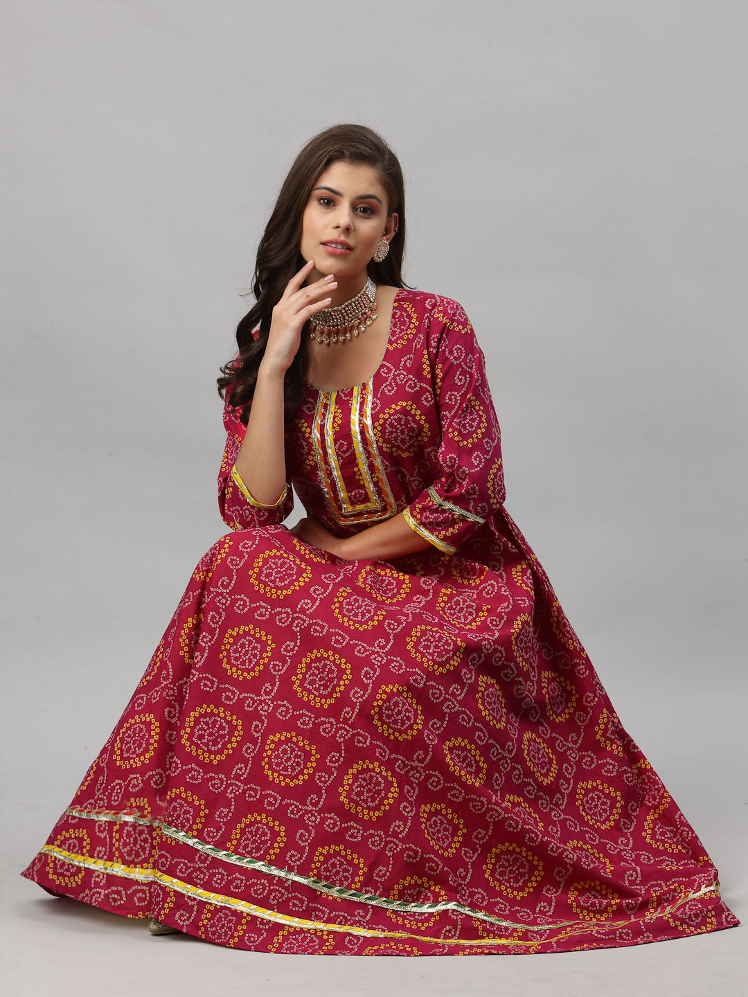 Women Bandhani Pure Cotton Anarkali Kurta  (Red)