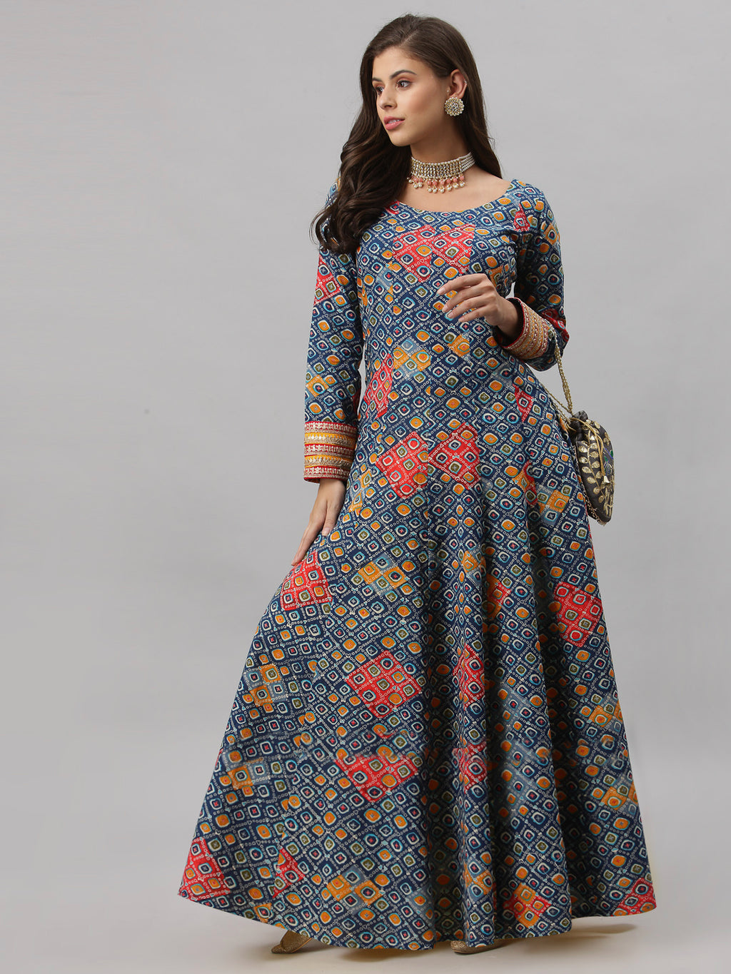 Women Geometric Print Pure Cotton Anarkali Kurta  (Blue)