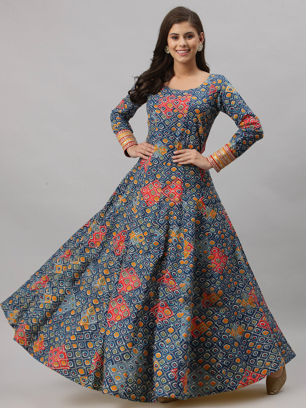 Women Geometric Print Pure Cotton Anarkali Kurta  (Blue)