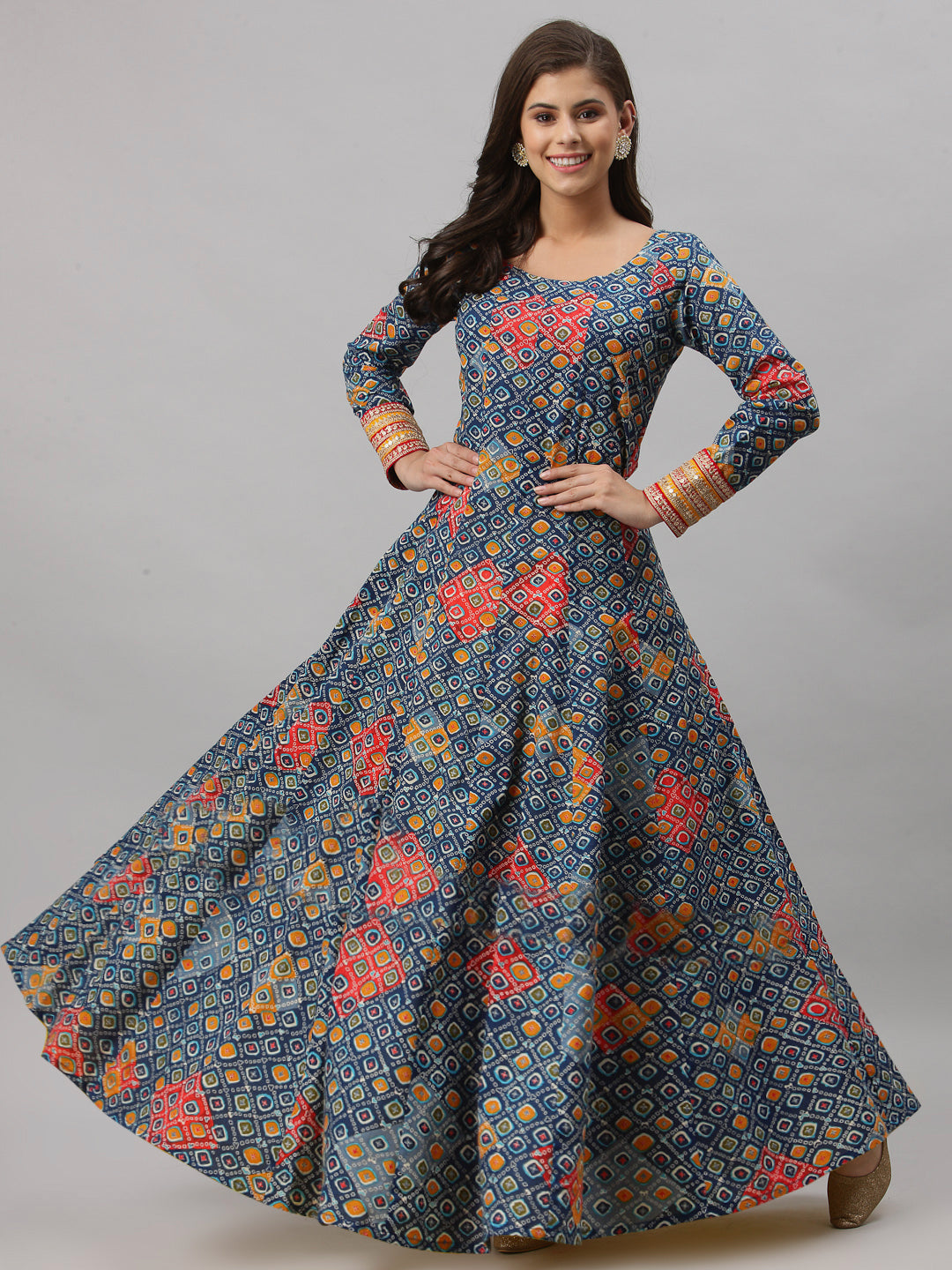 Women Geometric Print Pure Cotton Anarkali Kurta  (Blue)