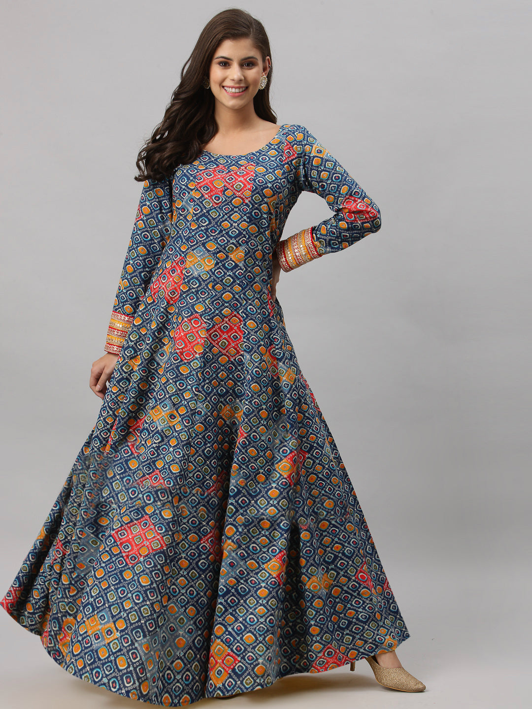 Women Geometric Print Pure Cotton Anarkali Kurta  (Blue)