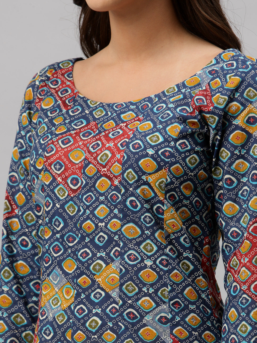 Women Geometric Print Pure Cotton Anarkali Kurta  (Blue)