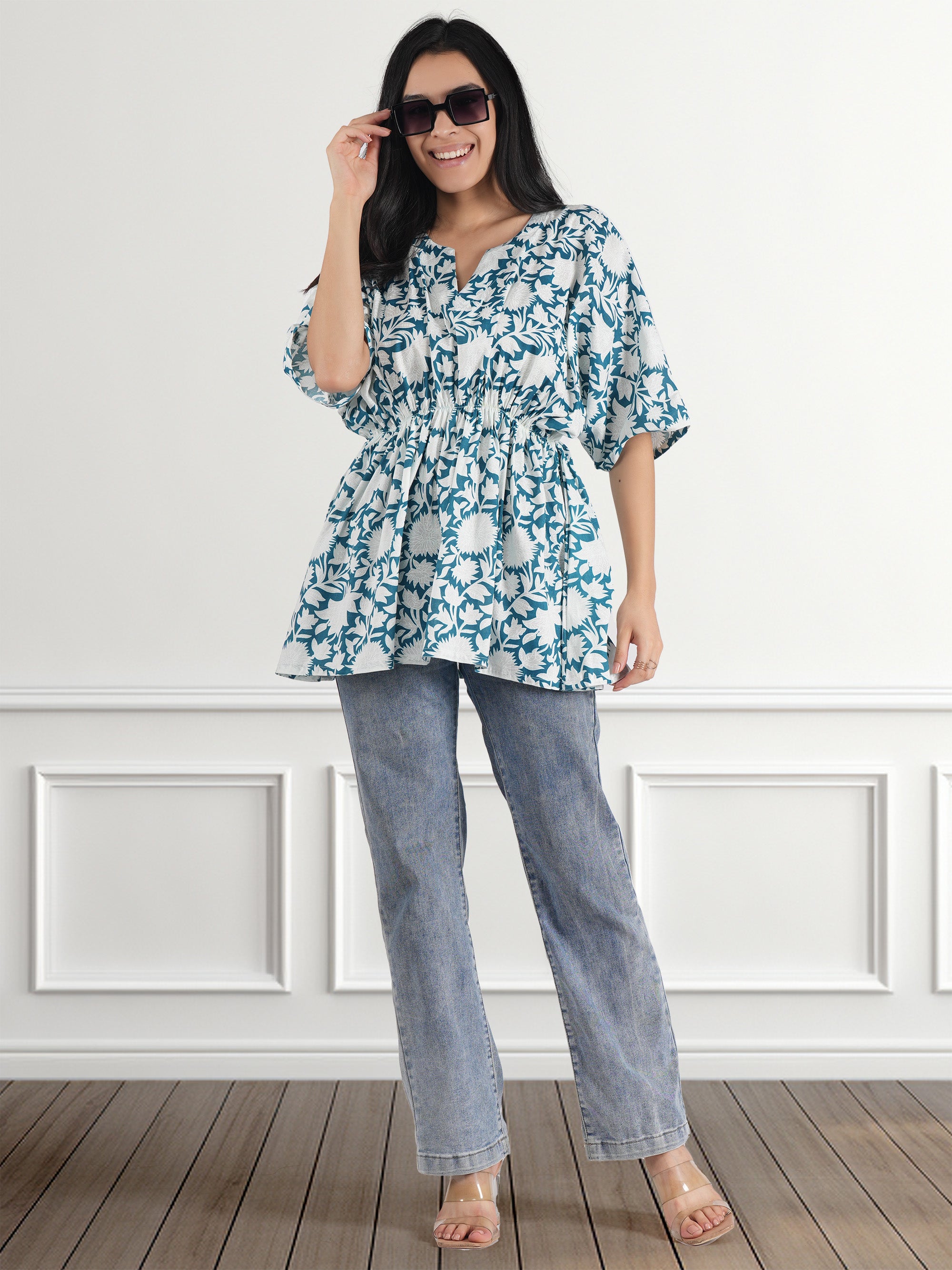 Casual Kimono Sleeves Floral Print Women Blue Top