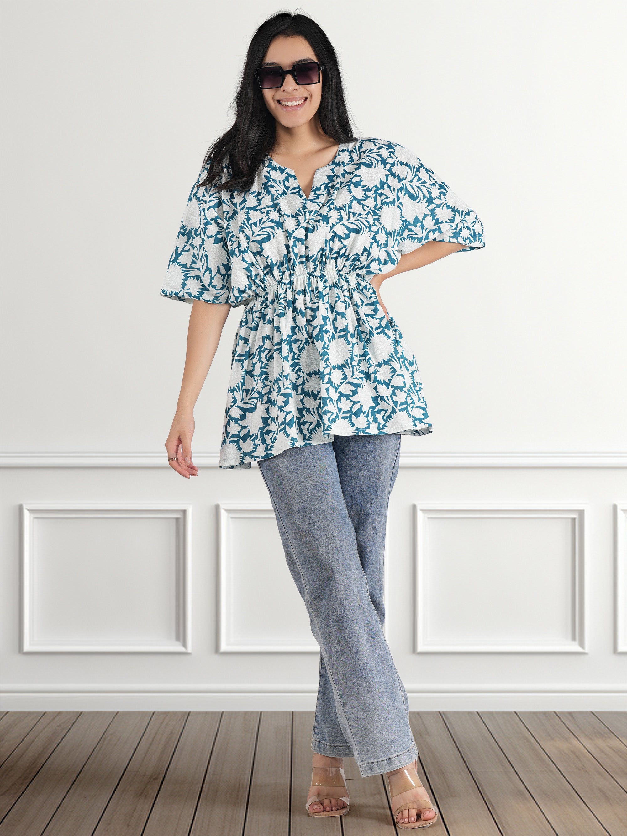 Casual Kimono Sleeves Floral Print Women Blue Top
