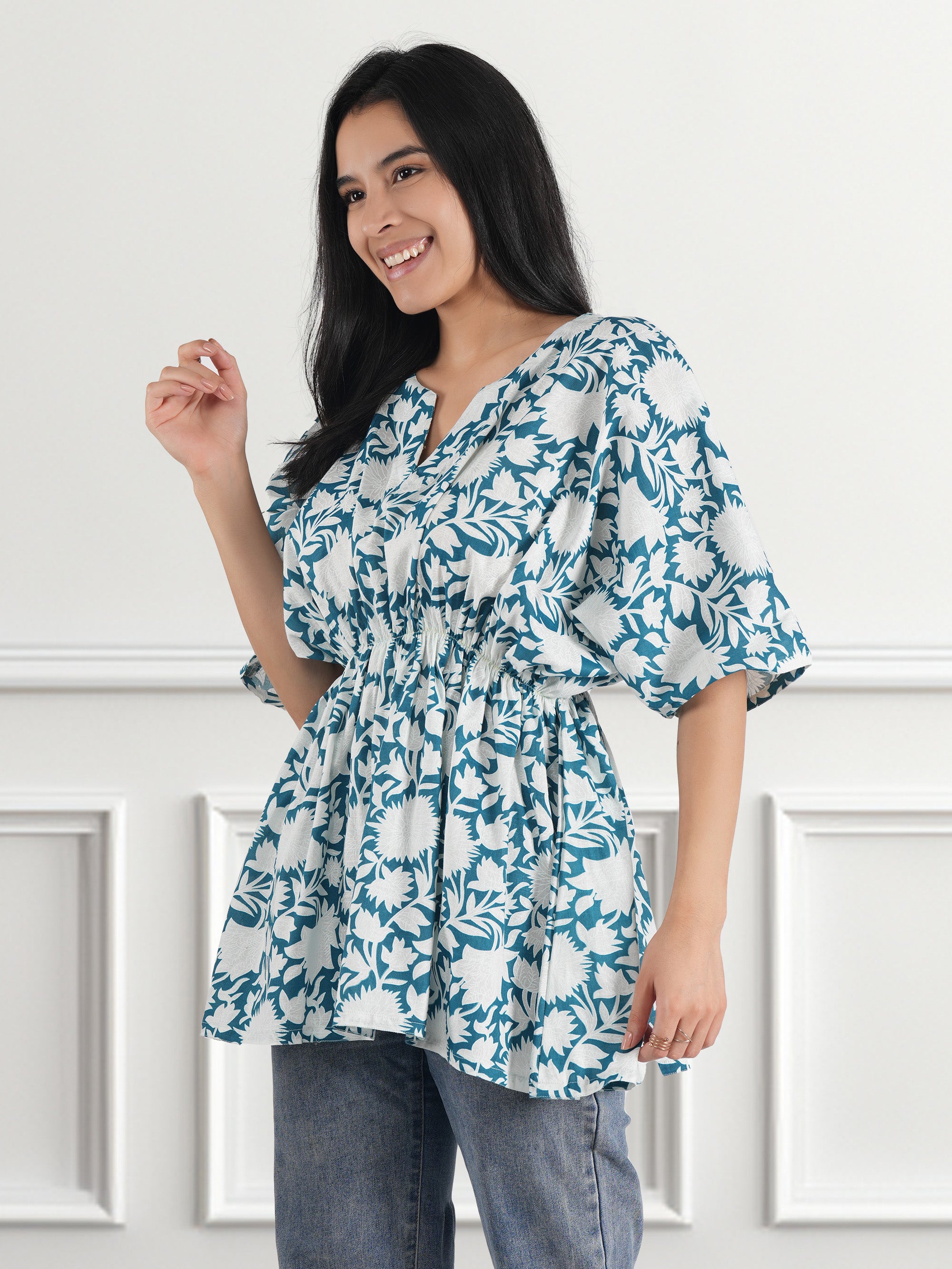 Casual Kimono Sleeves Floral Print Women Blue Top