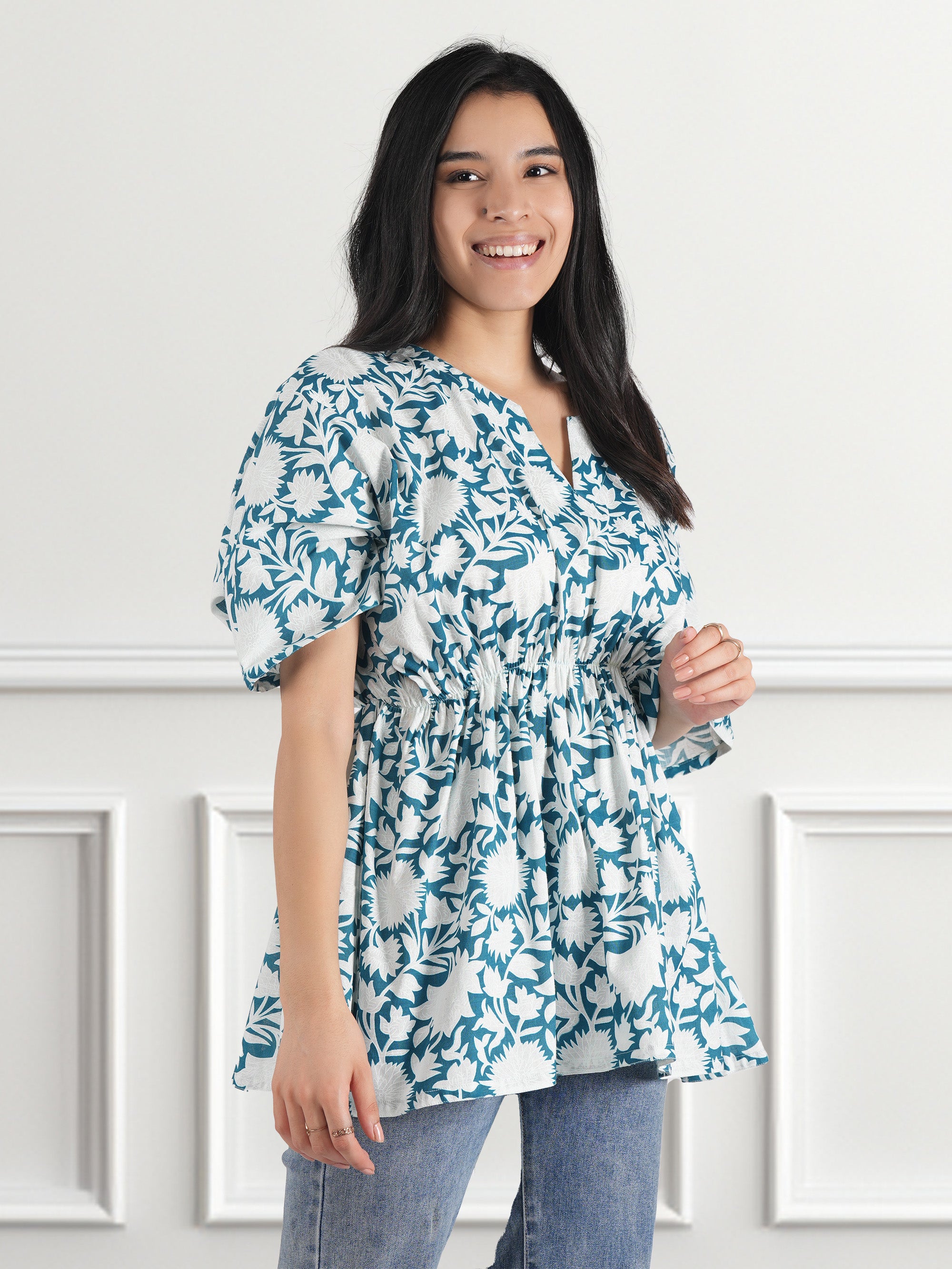 Casual Kimono Sleeves Floral Print Women Blue Top