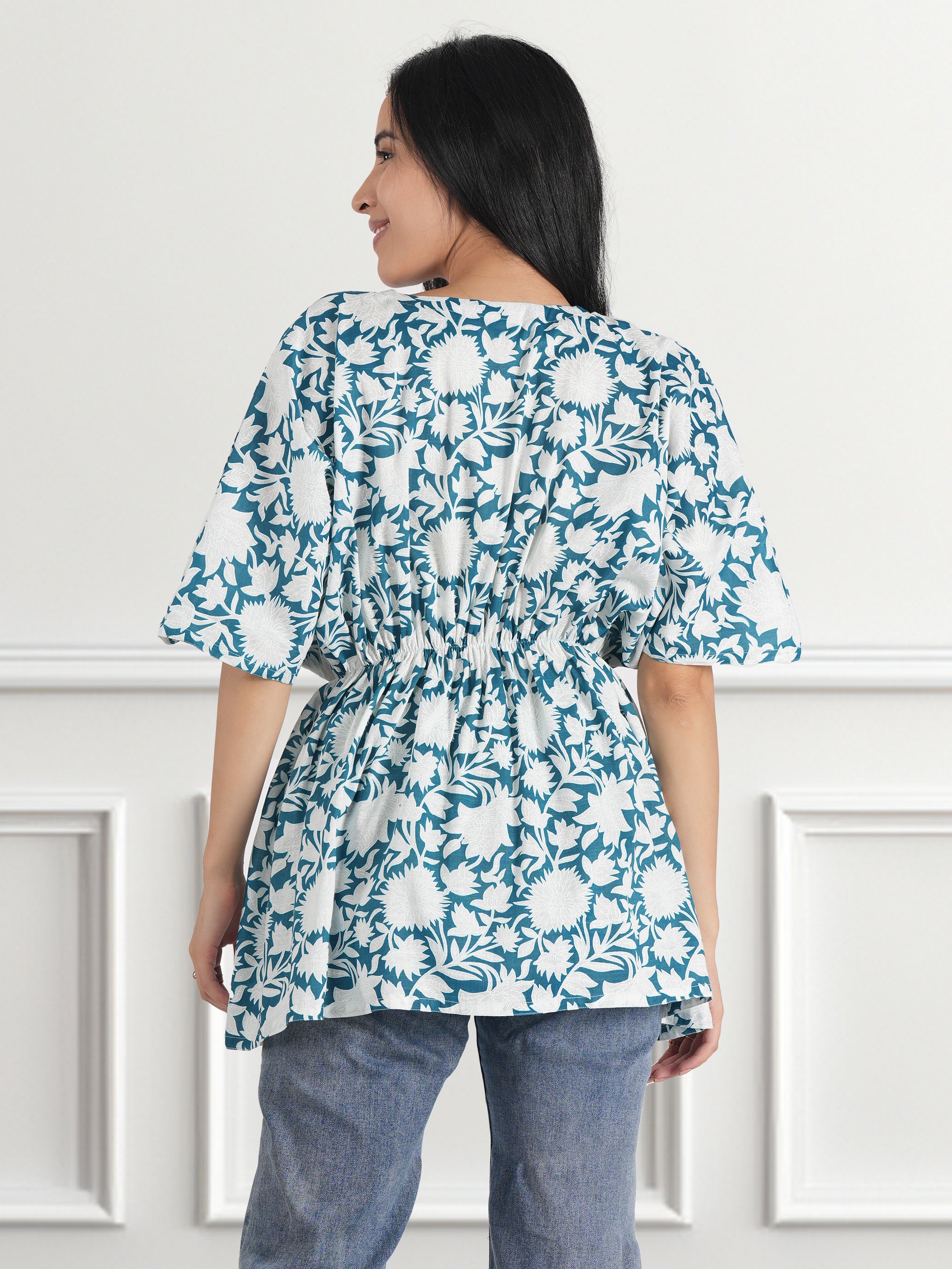 Casual Kimono Sleeves Floral Print Women Blue Top