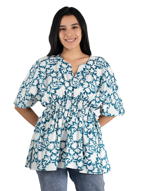 Casual Kimono Sleeves Floral Print Women Blue Top