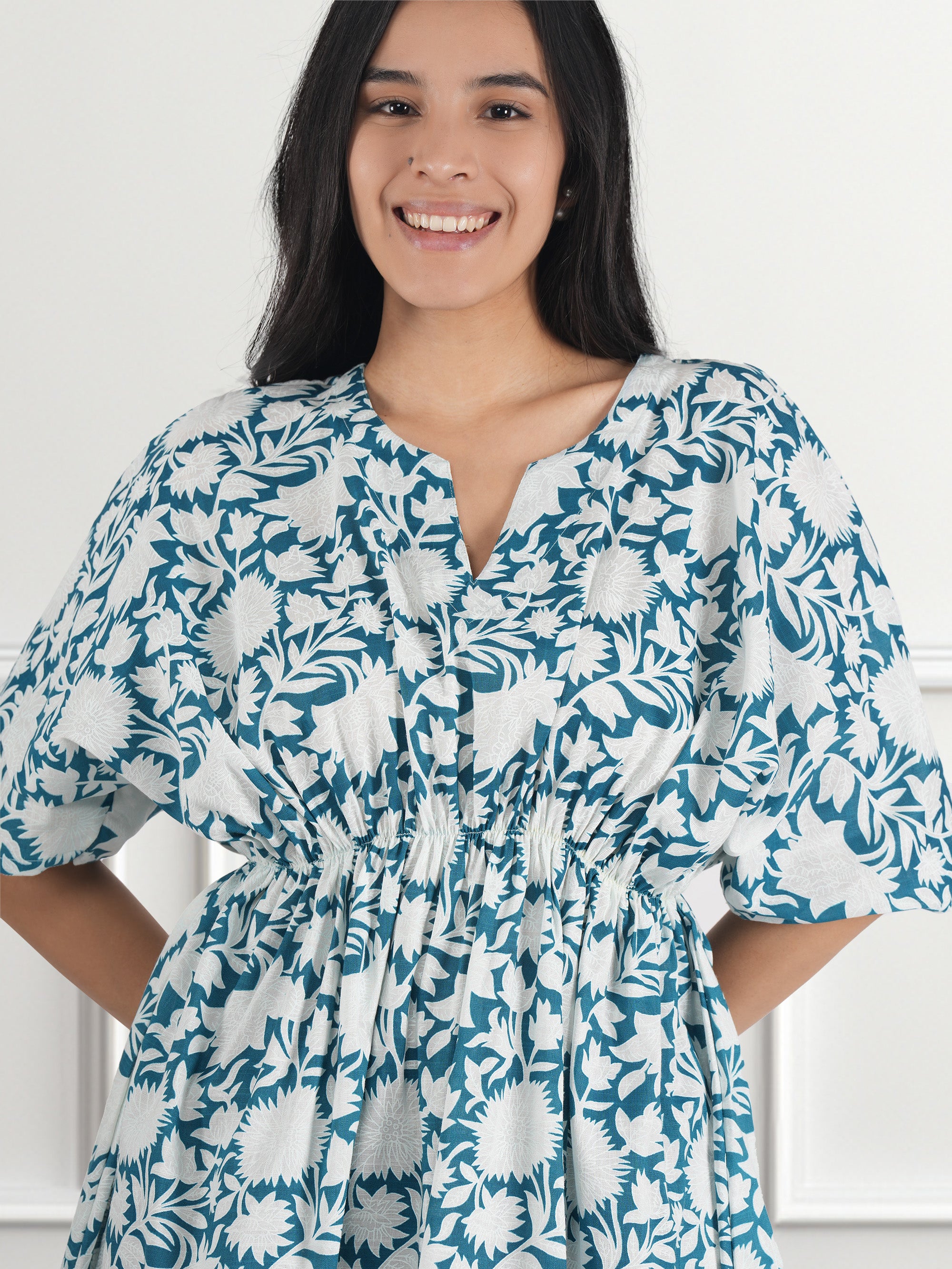 Casual Kimono Sleeves Floral Print Women Blue Top