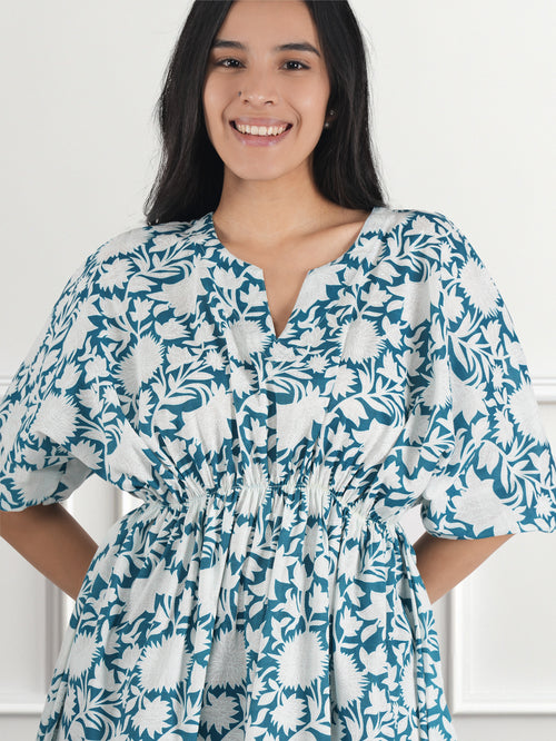 Casual Kimono Sleeves Floral Print Women Blue Top
