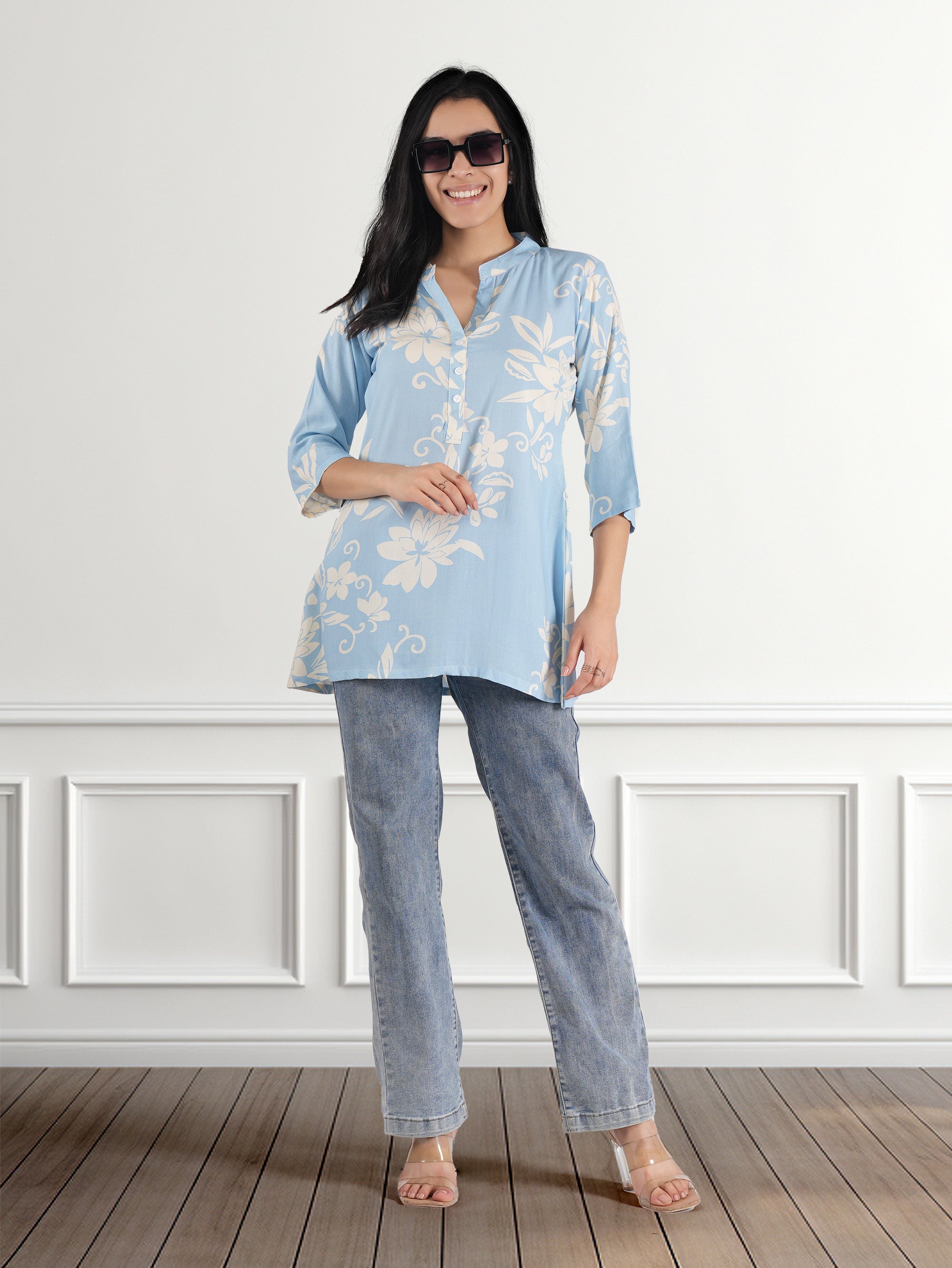 Casual Regular Sleeves Floral Print Women Blue Top
