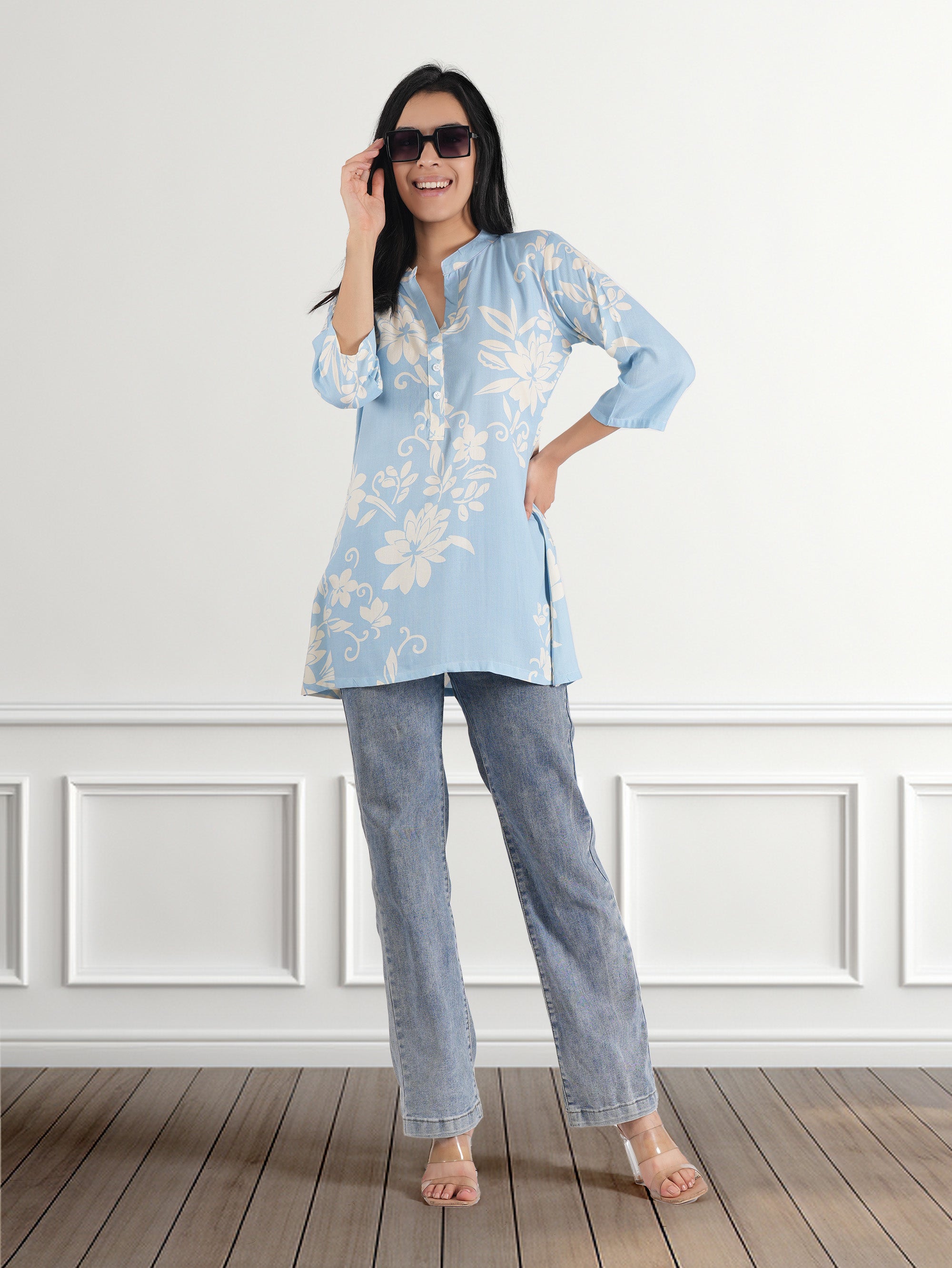 Casual Regular Sleeves Floral Print Women Blue Top