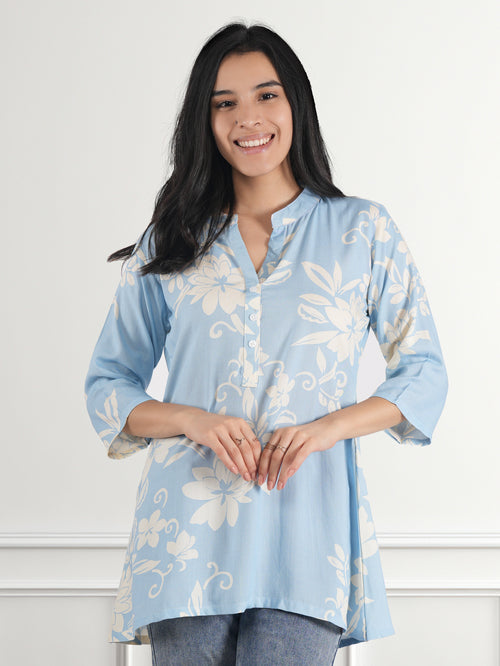 Casual Regular Sleeves Floral Print Women Blue Top