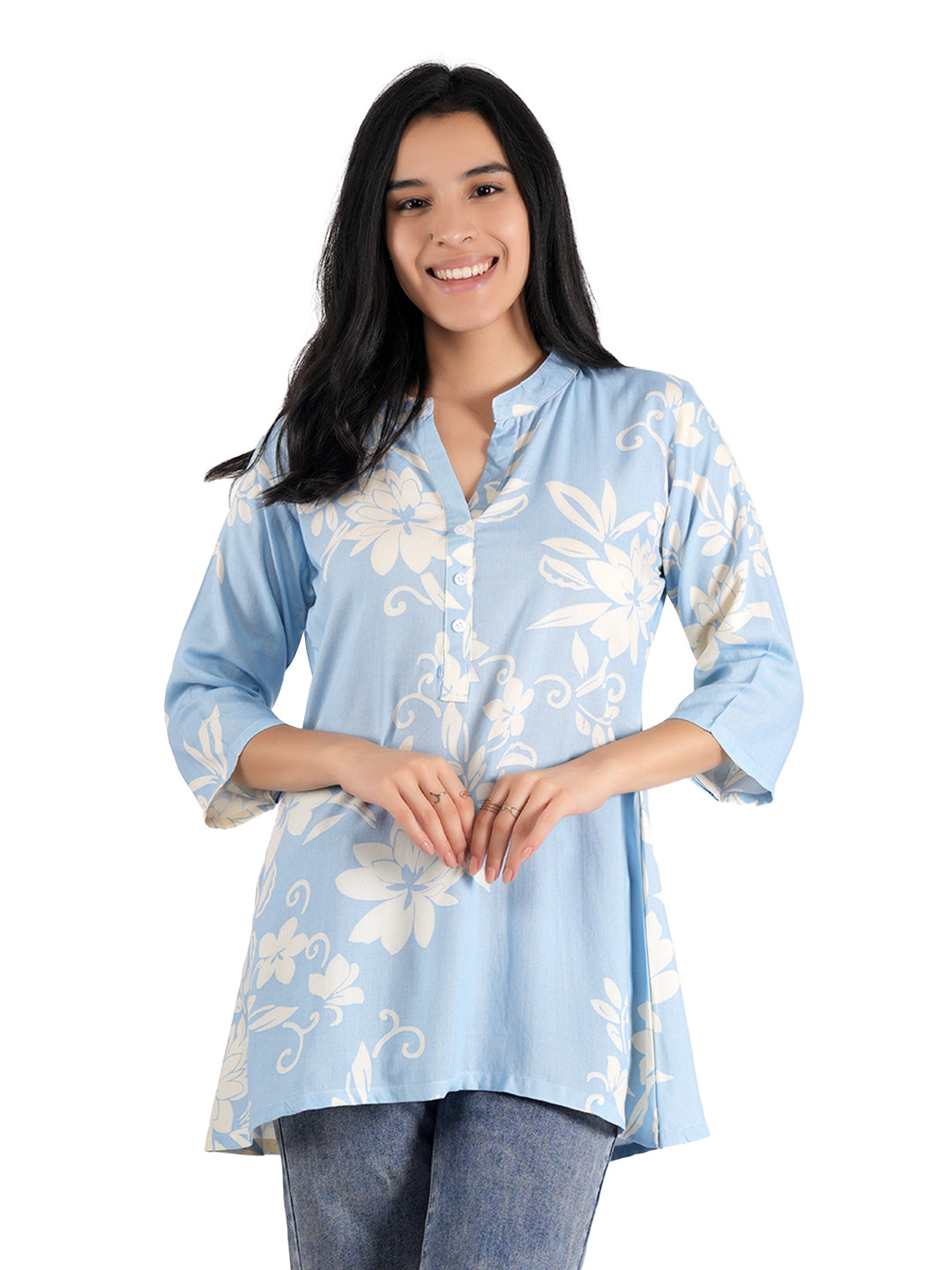Casual Regular Sleeves Floral Print Women Blue Top