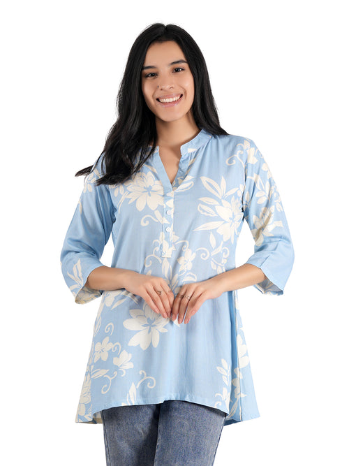 Casual Regular Sleeves Floral Print Women Blue Top