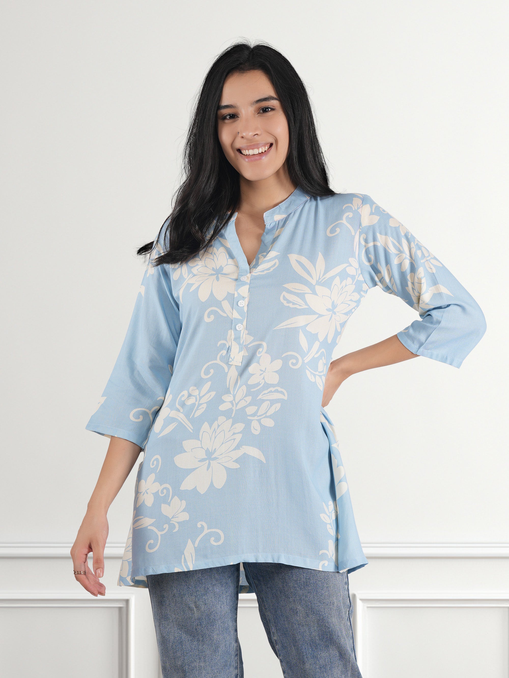 Casual Regular Sleeves Floral Print Women Blue Top