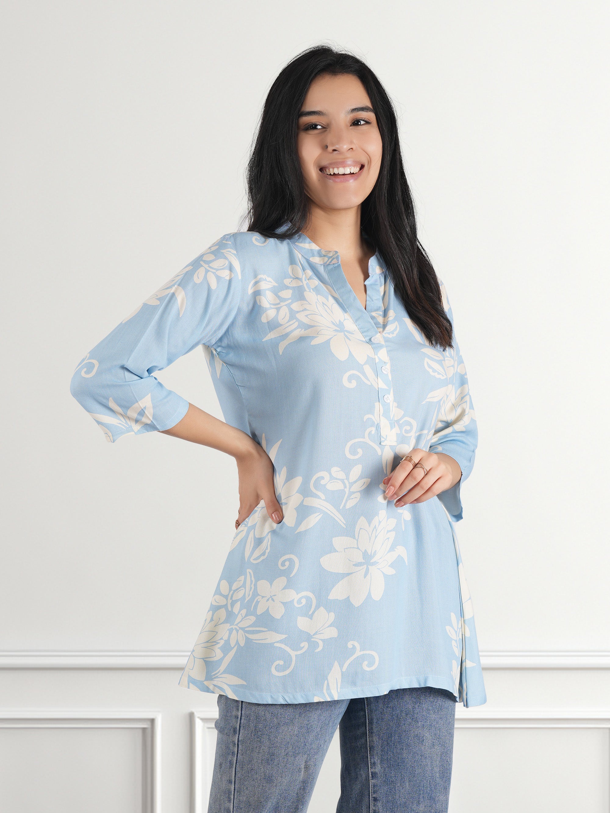 Casual Regular Sleeves Floral Print Women Blue Top