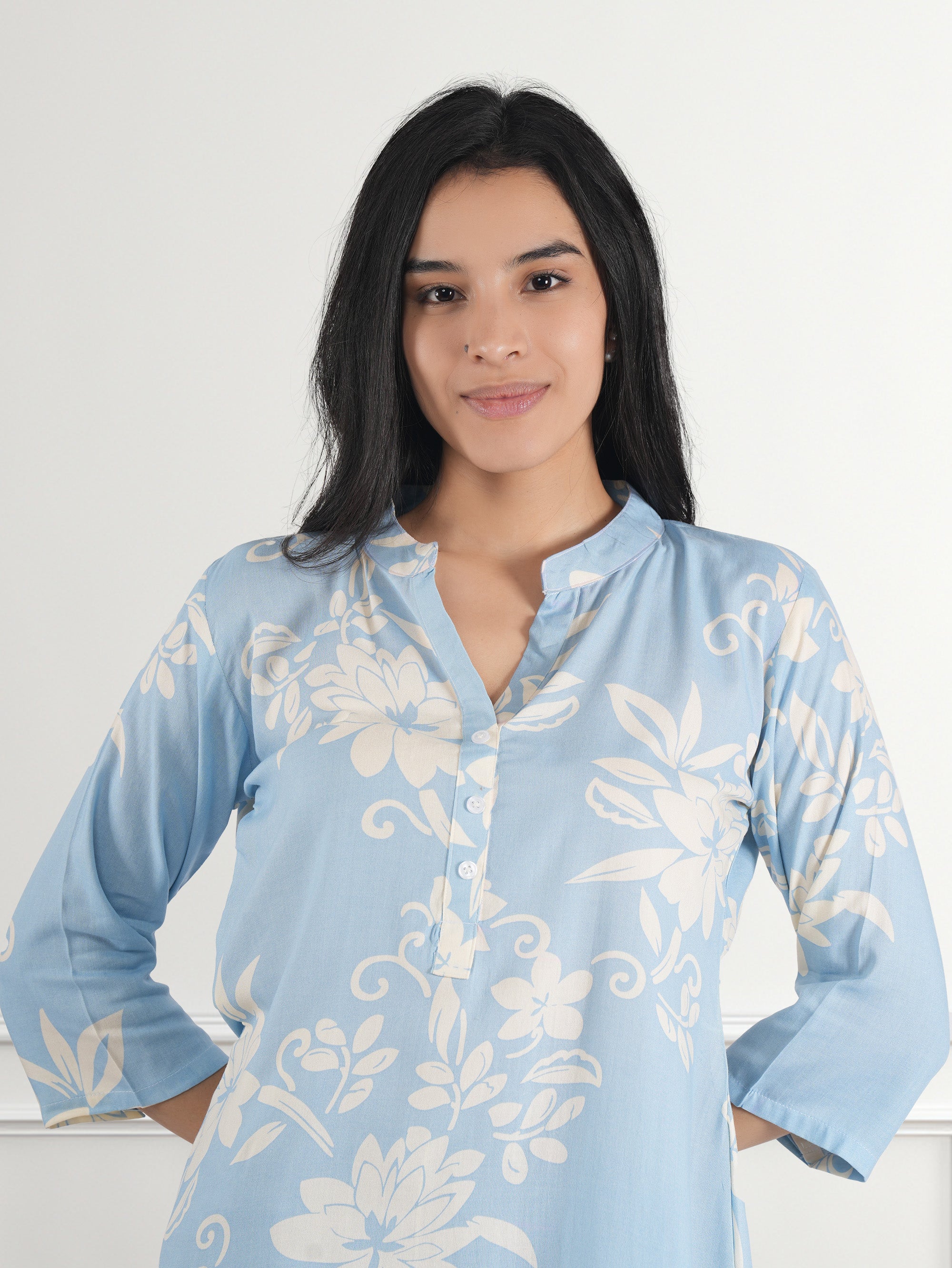 Casual Regular Sleeves Floral Print Women Blue Top