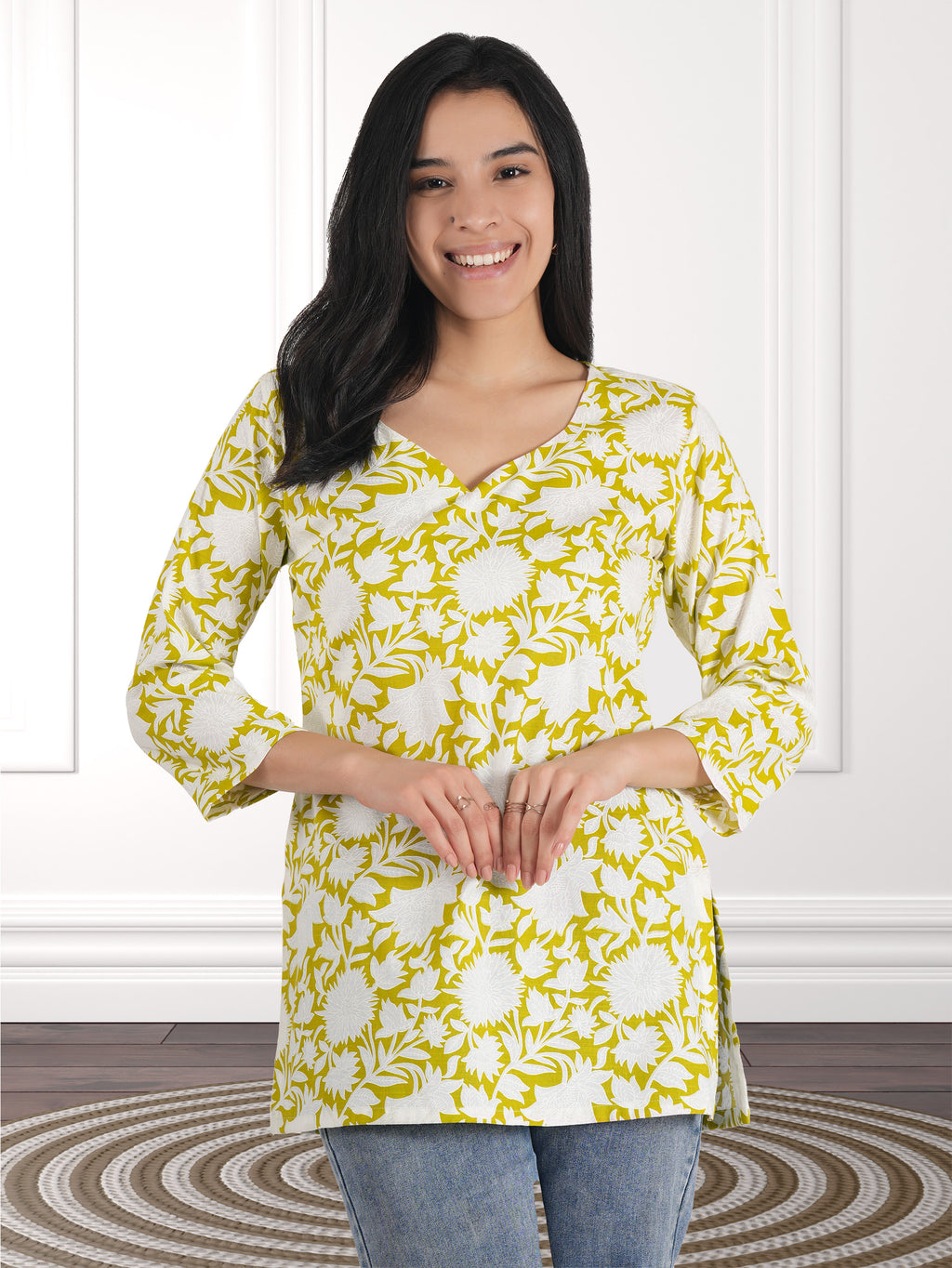 Women Floral Print Cotton Blend Straight Kurta  (Yellow)