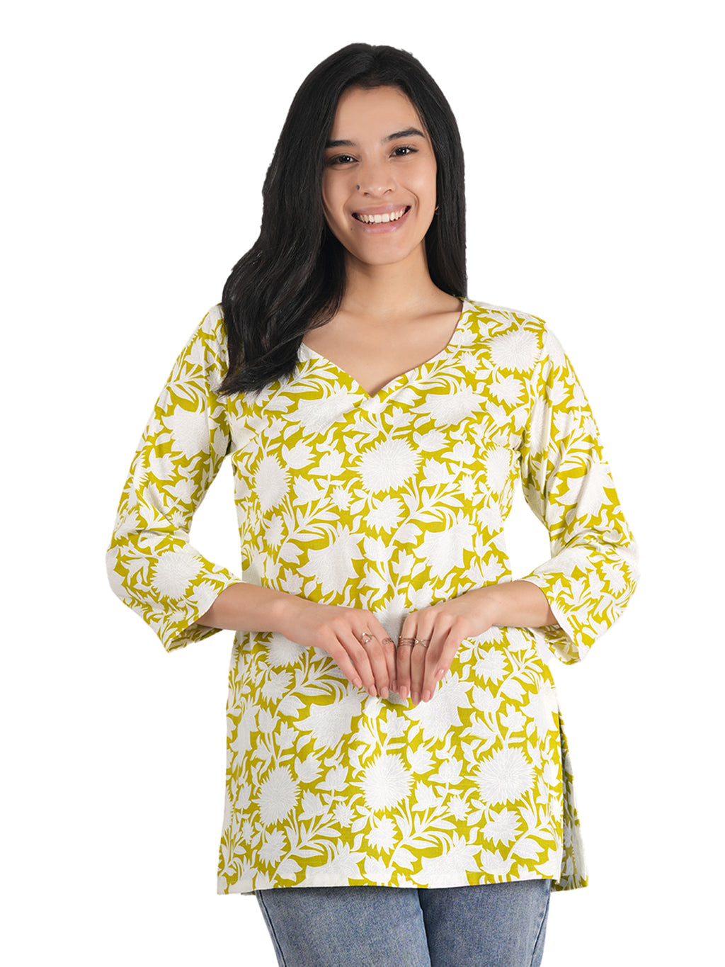 Women Floral Print Cotton Blend Straight Kurta  (Yellow)