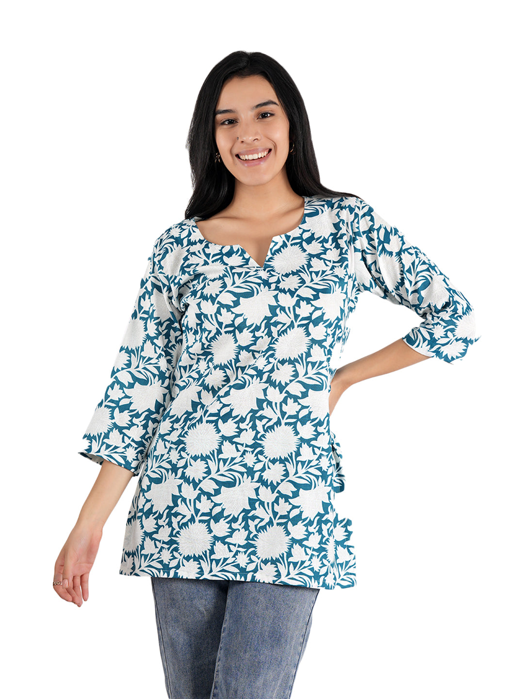 Women Floral Print Cotton Blend Straight Kurta  (Green, White)