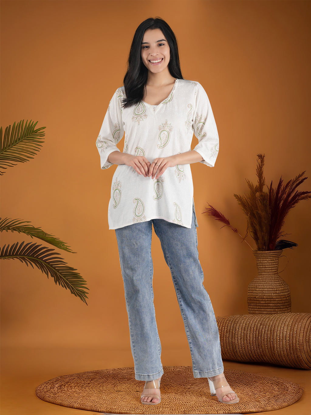 Women Floral Print Cotton Blend Straight Kurta  (White)